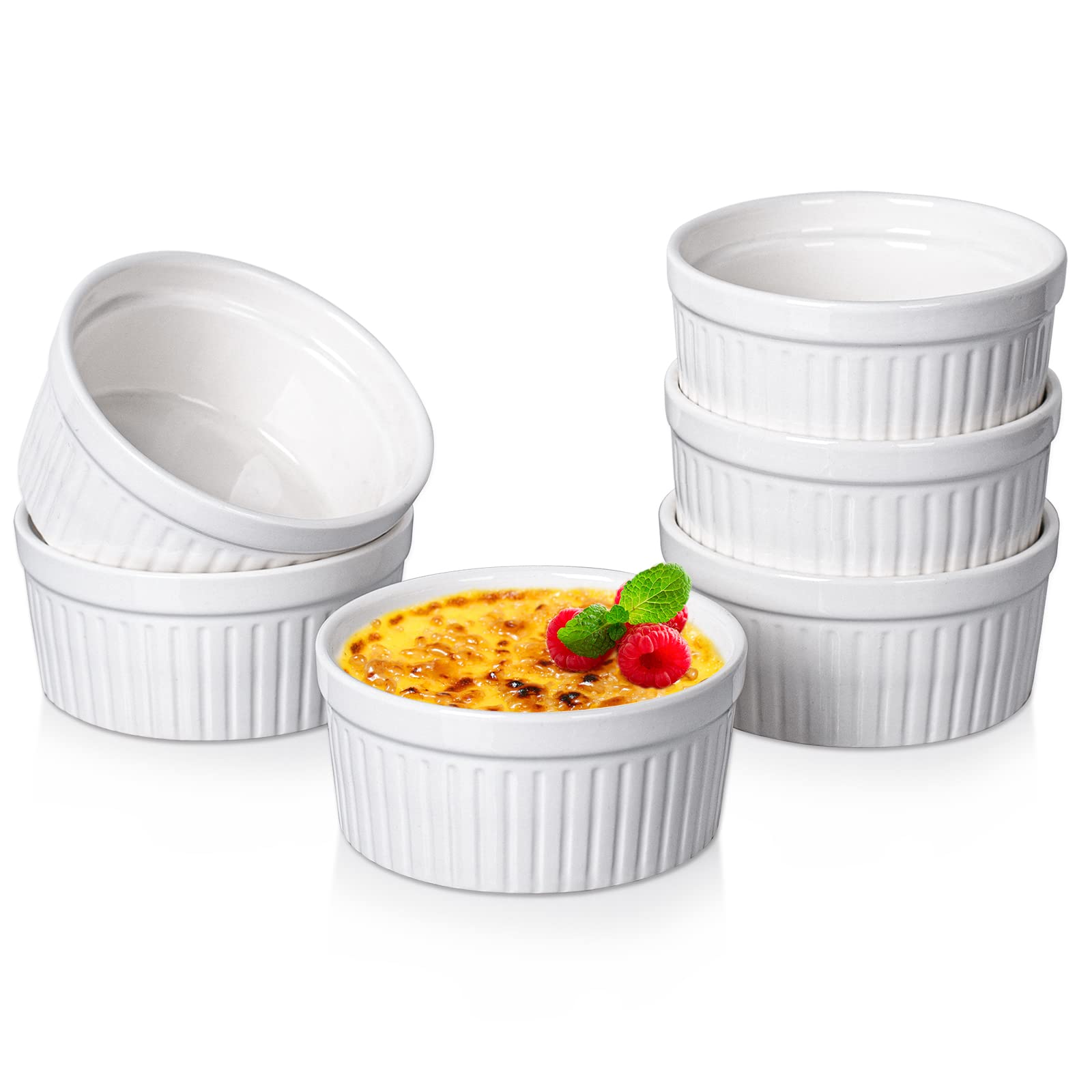 Delling 6 Oz Ceramic Ramekins Set of 6 - Oven Safe Small Bowls for Baking Creme Brulee, Souffle, Pudding | Perfect for Desserts, Ice Cream, Dipping Sauces & Snacks | Microwave & Dishwasher Safe White Serving Dishes for Home & Restaurant Use