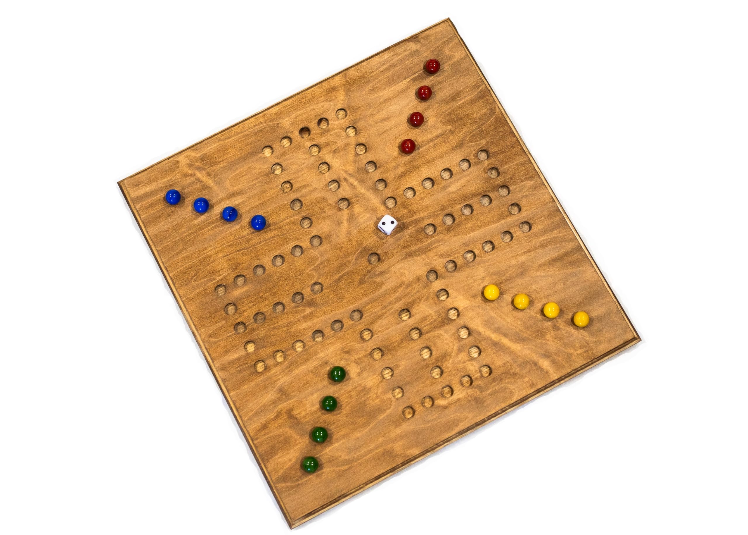 WAHOO/MARBLES 16x16 Inch Real Wood Board Game Set with Marbles & Dice - 4 Player Stained Tabletop Game for Family Game Night, Parties, and Indoor Entertainment