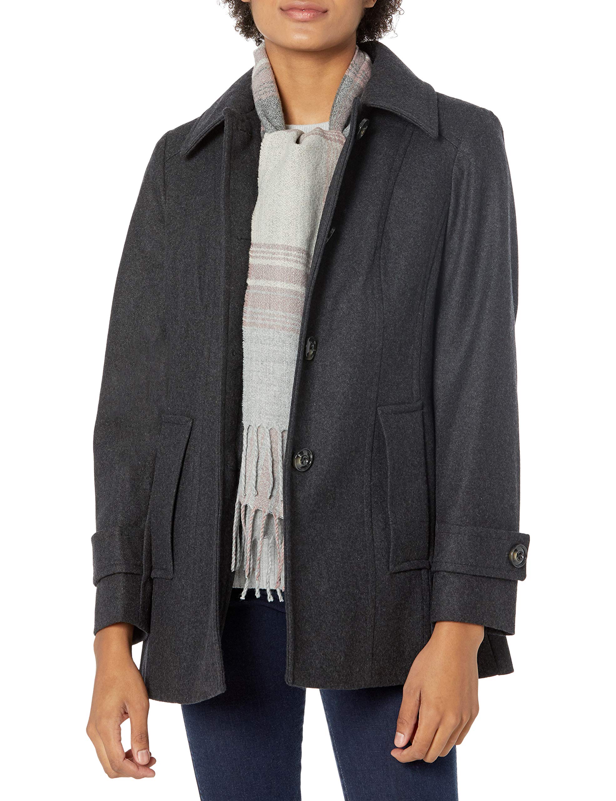 London Fog Women's Single-Breasted Wool Blend Winter Coat with Detachable Scarf - Warm & Stylish Outerwear for Work, Travel & Formal Occasions