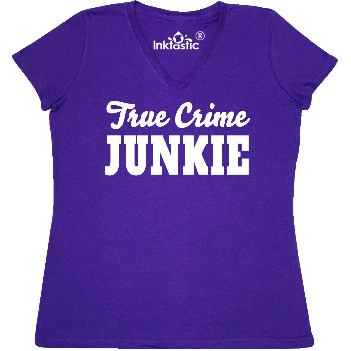 Inktastic True Crime Junkie Women's V-Neck T-Shirt - Funny White Text Graphic Tee for True Crime Fans, Podcast Lovers & Mystery Enthusiasts - Perfect for Casual Wear, Netflix Binges & Crime Conventions