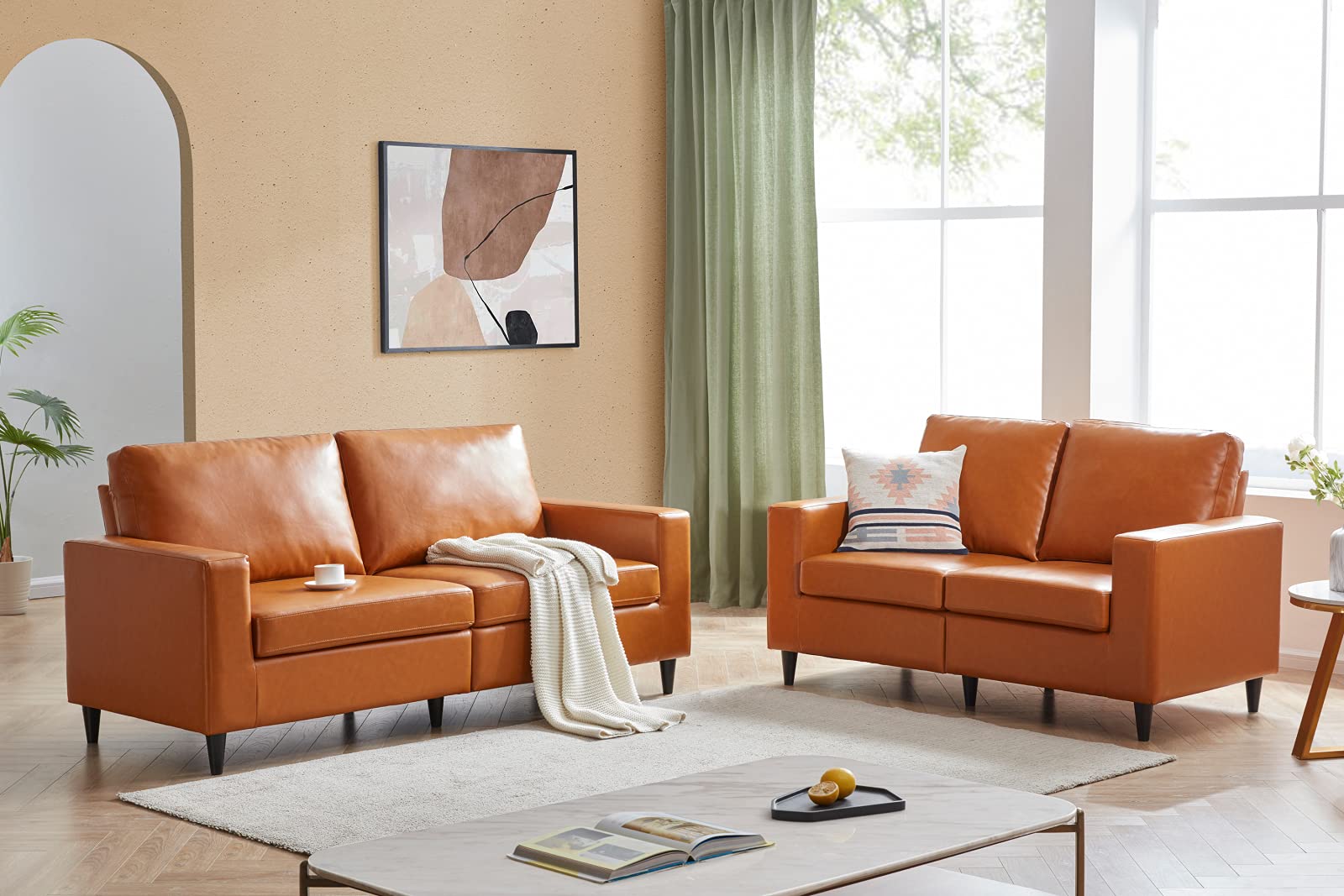 Modern PU Leather Sectional Sofa Set - Faux Leather Upholstered Loveseat Couch for Living Room, Home Office, Lounge & Guest Room - Classic Mid-Century Design in Orange | Perfect for Small Spaces, Apartments & Cozy Family Gatherings