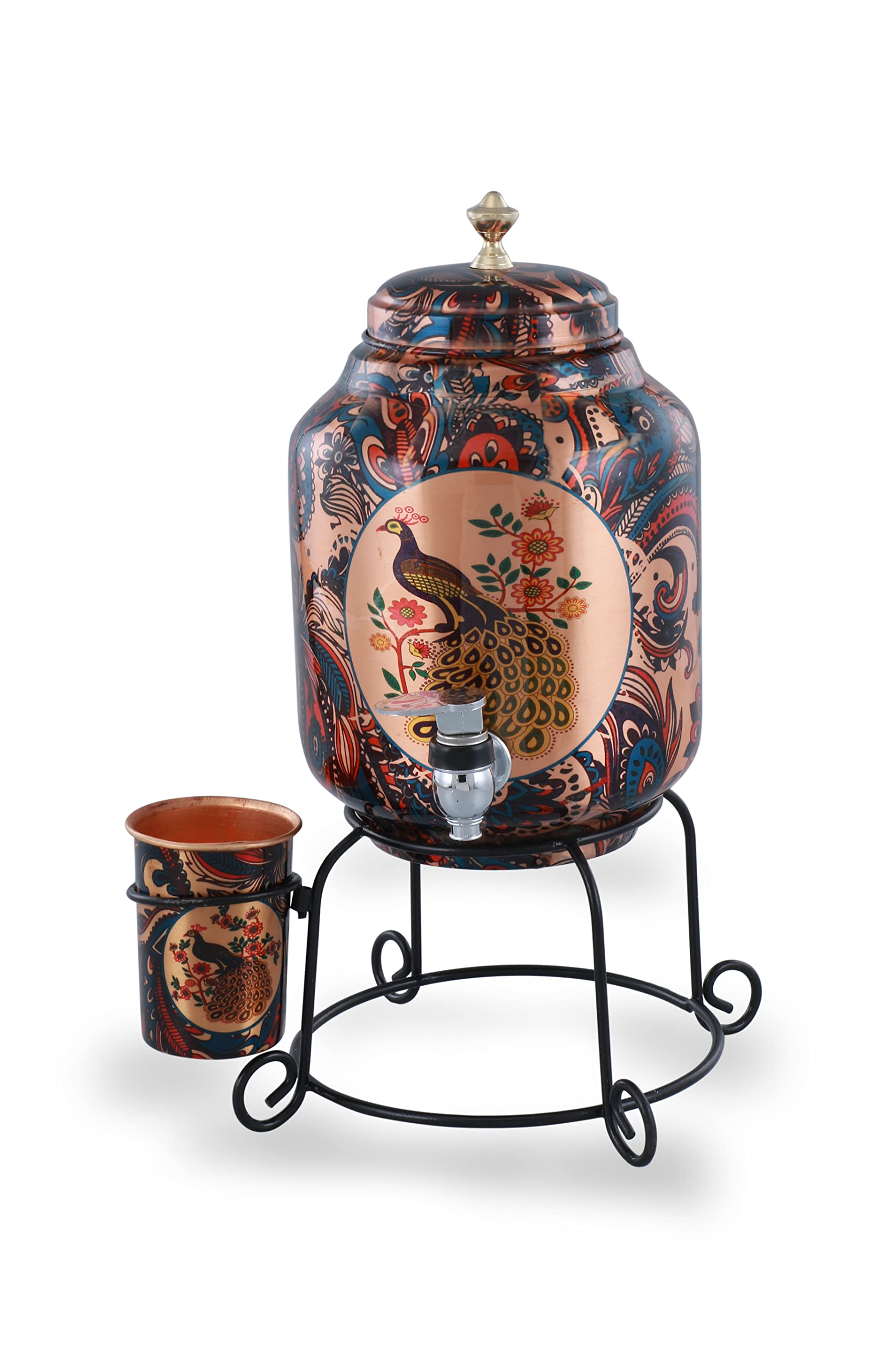5L Peacock Printed Pure Copper Water Dispenser (Matka/Pot) with Stand & Copper Glass - Ayurvedic Health Benefits for Home, Office & Wellness Retreats (5000ml)