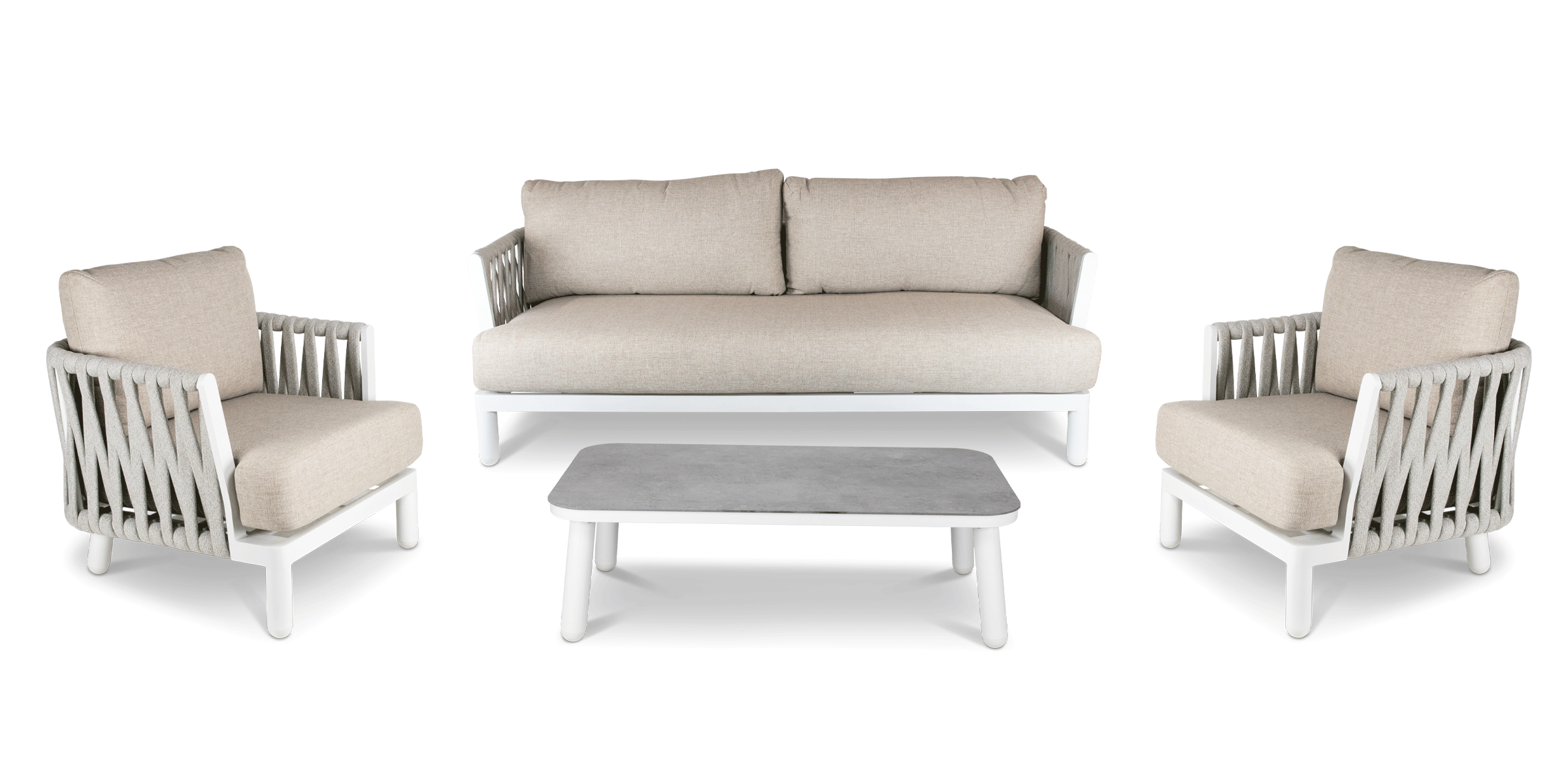 4-Piece Bermuda Outdoor Lounge Set with Sahara Sand Olefin Rope, Stone Olefin Cushions & Aluminum Frame - Perfect for Patio, Poolside & Backyard Relaxation