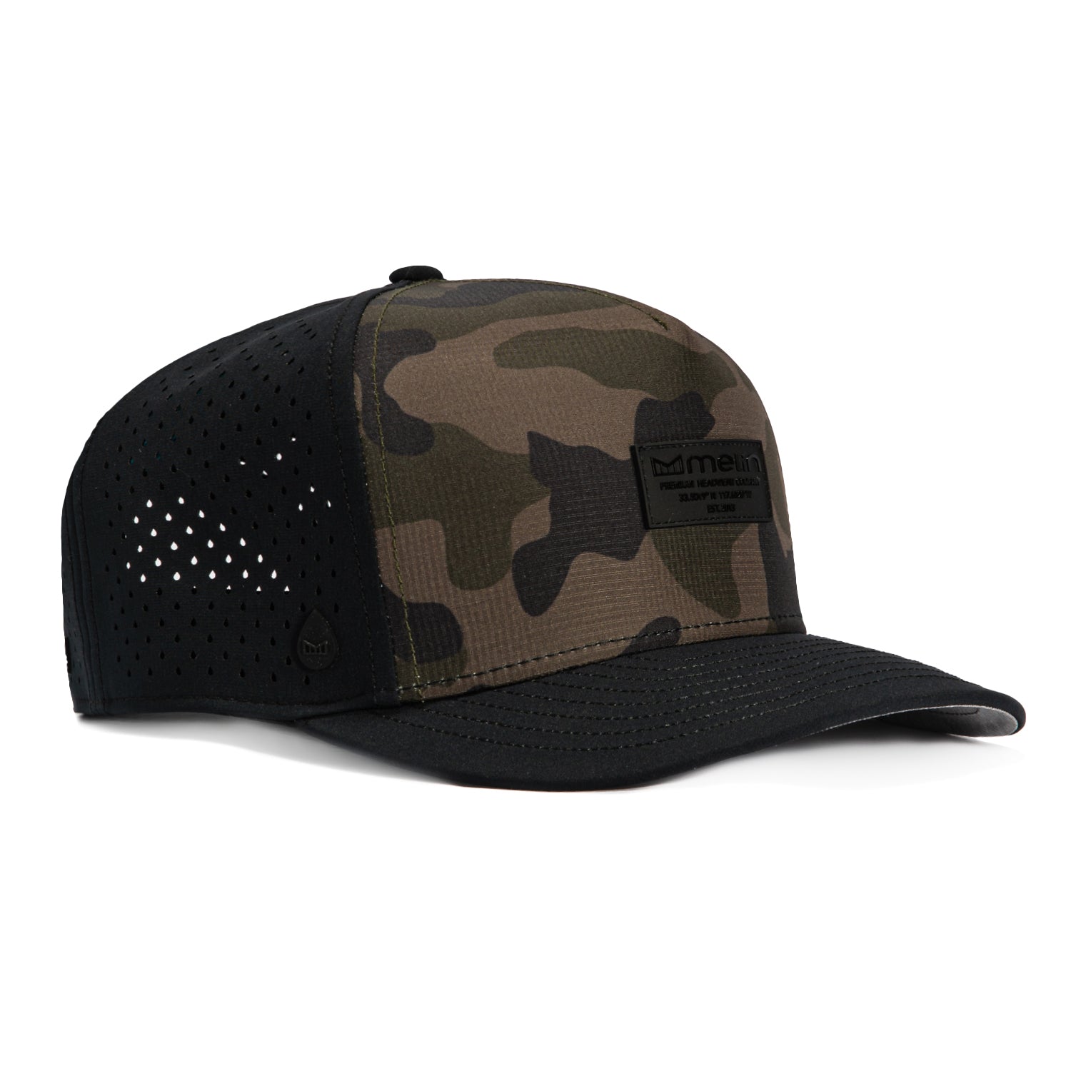 Melin Odyssey Brick Hydro Snapback Hat - Camo & Black | Water-Resistant & Adjustable for Outdoor Adventures, Hiking, and Casual Wear
