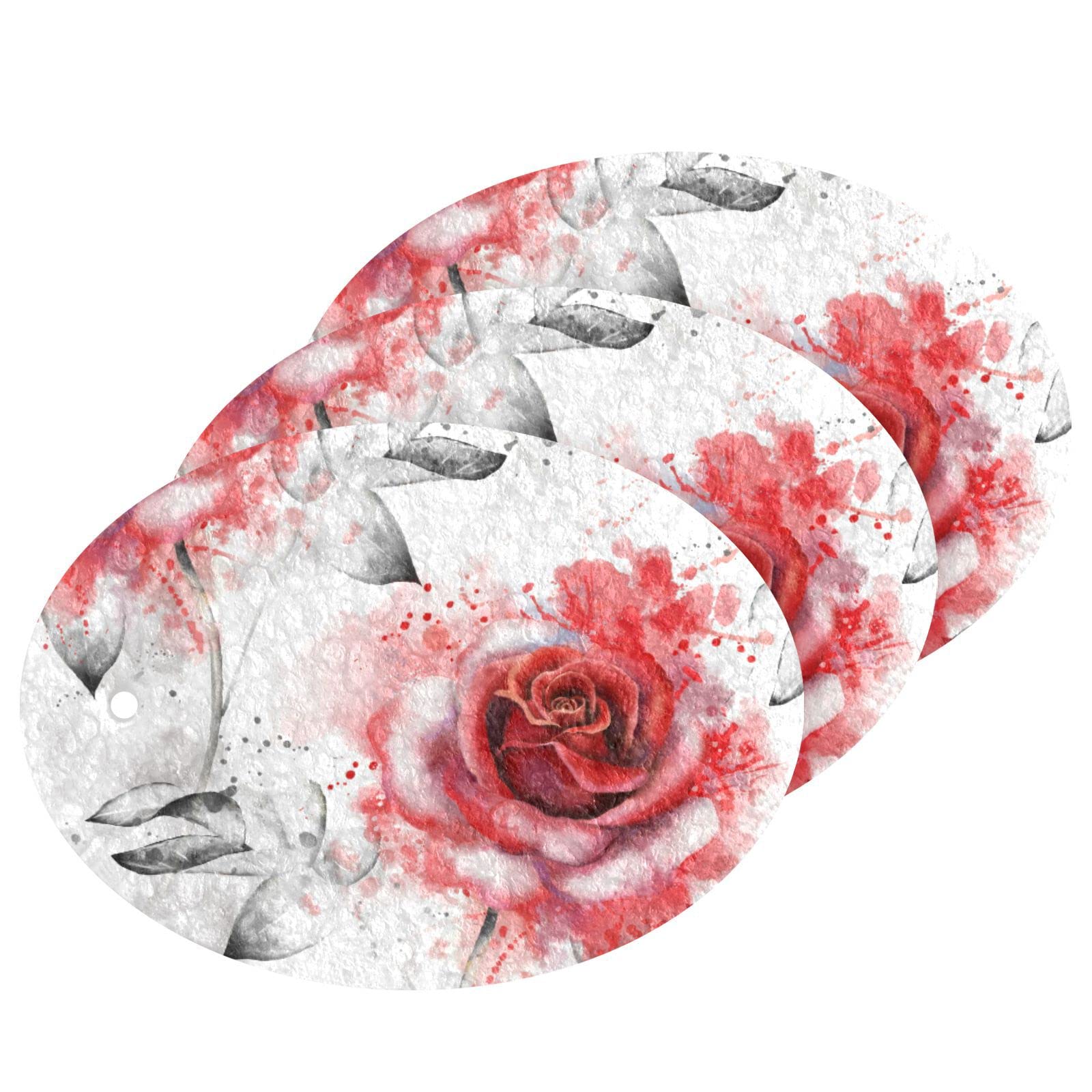 Kcldeci 3 Pack Kitchen Dish Scrub Sponge Pads - Red Rose Flowers & Gray Leaves Design, Durable Dishwashing Scrubber for Effective Cleaning, Perfect for Kitchen, Bathroom, and Household Surfaces