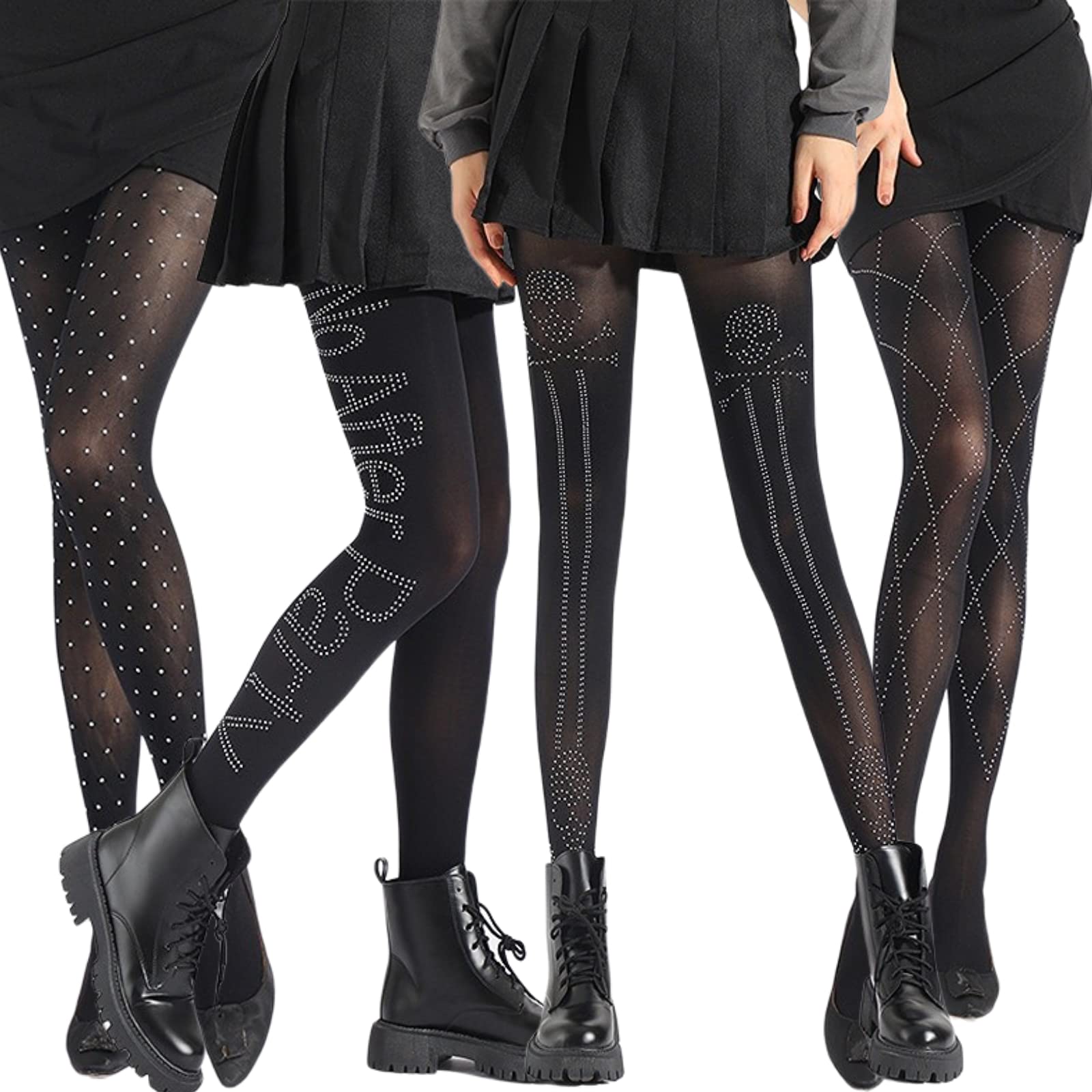 4 Pairs Women's Semi Opaque Black Rhinestone Pattern Tights - High Waist Footed Pantyhose for Teen Girls & Women | Perfect for Parties, Work & Everyday Wear