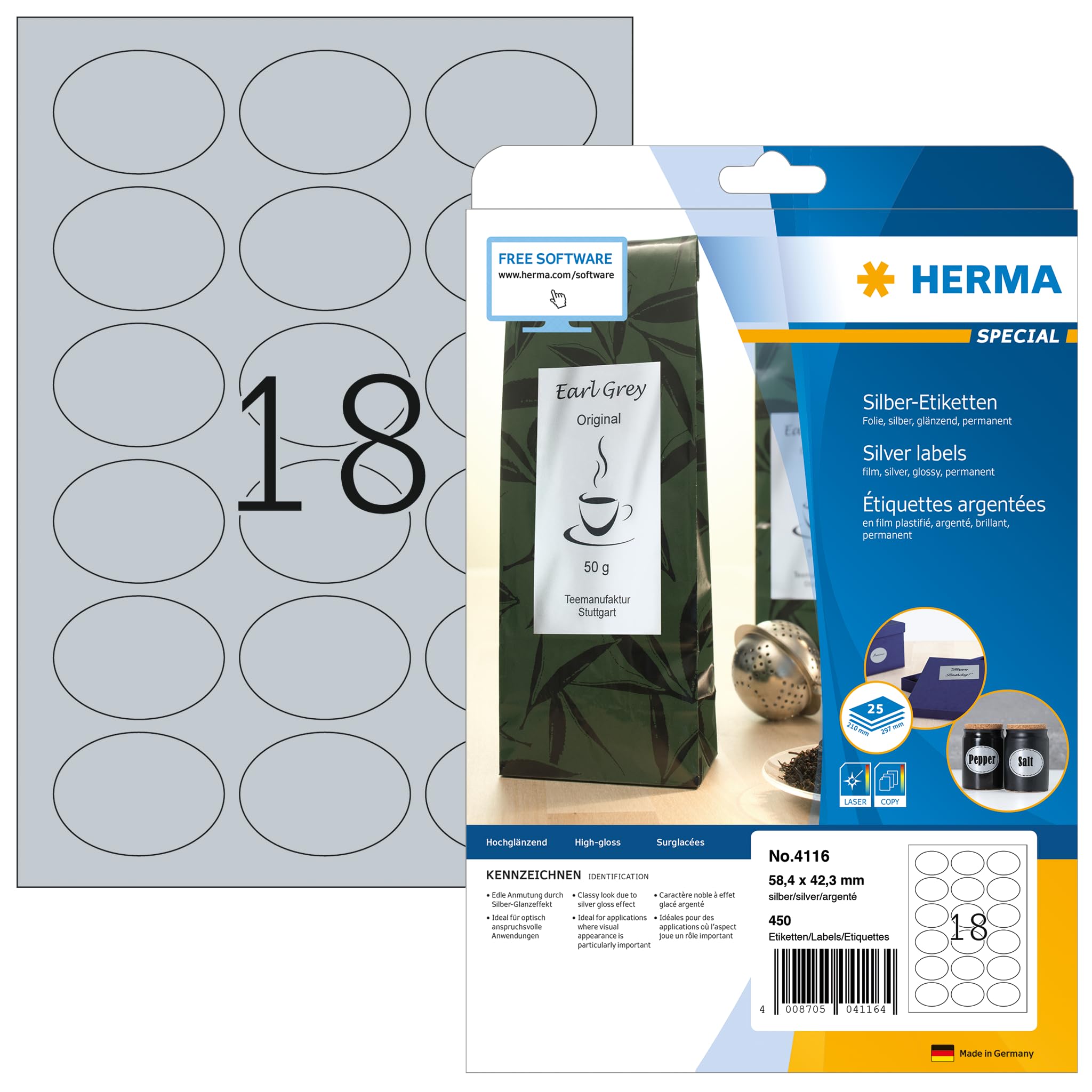 HERMA Self Adhesive Film Labels - 450 Blank Weatherproof Oval Stickers (58.4x42.3mm), 18 Labels per A4 Sheet, 25 Sheets Pack - Compatible with Laser & Inkjet Printers - Silver - Perfect for Shipping Labels, Pantry Organization & Product Packaging