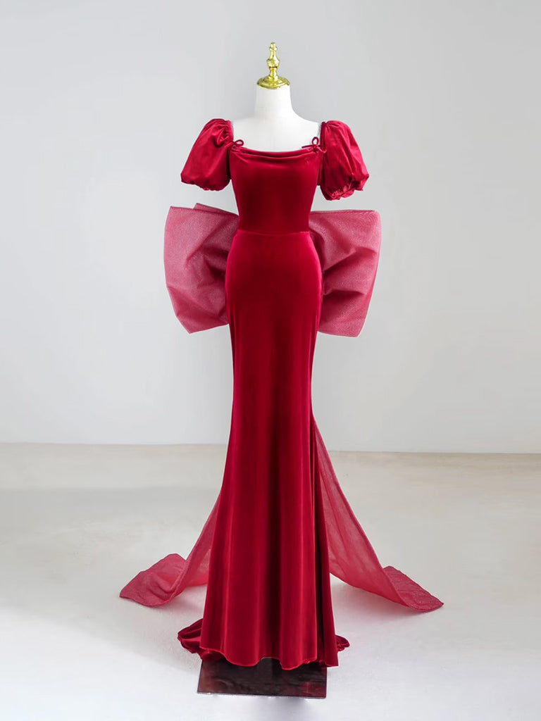 Mermaid Velvet Short Sleeve Burgundy Long Prom Dress - Elegant Formal Gown for Homecoming, Evening Parties & Special Occasions