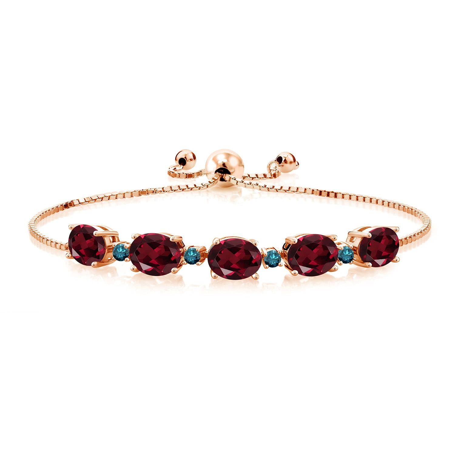 7.01 Ct Red Rhodolite Garnet & Blue Diamond 18K Rose Gold Plated Silver Bracelet for Women | Elegant Jewelry Gift for Valentine's Day, Anniversary & Special Occasions