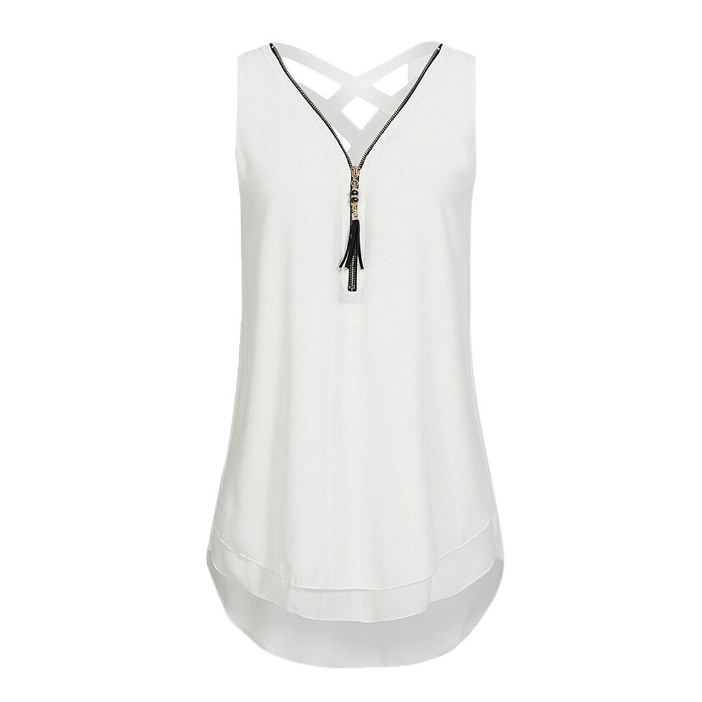 2 Pack Women's White Sleeveless V-Neck Tank Tops - Loose Fit Cross Back Layered Hem Zipper Detail Casual Blouse for Summer, Beach & Daily Wear
