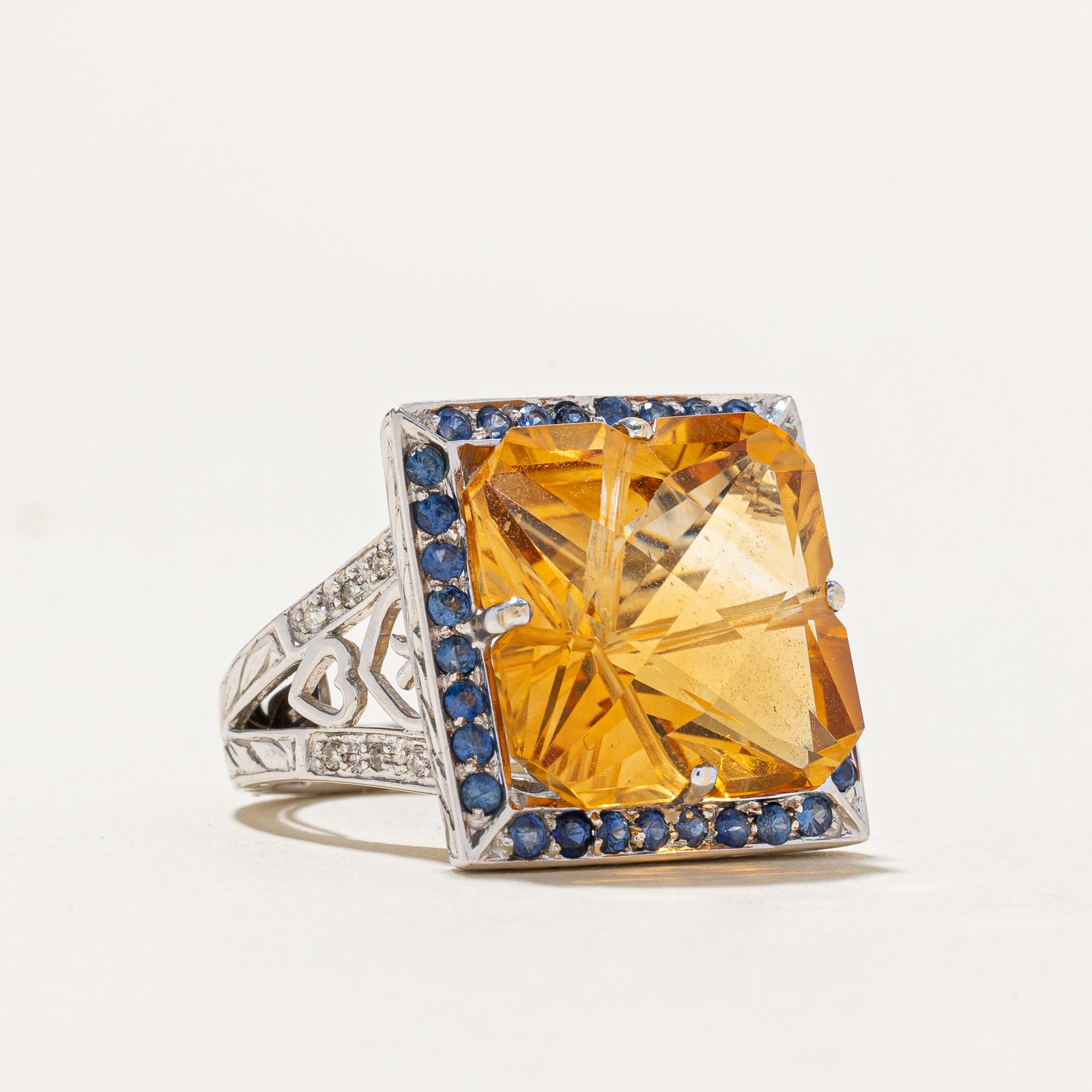 12.50ctw Citrine & Sapphire Diamond Cocktail Ring - 0.06ctw Diamonds | Size 5 | Elegant Evening Wear & Special Occasion Jewelry