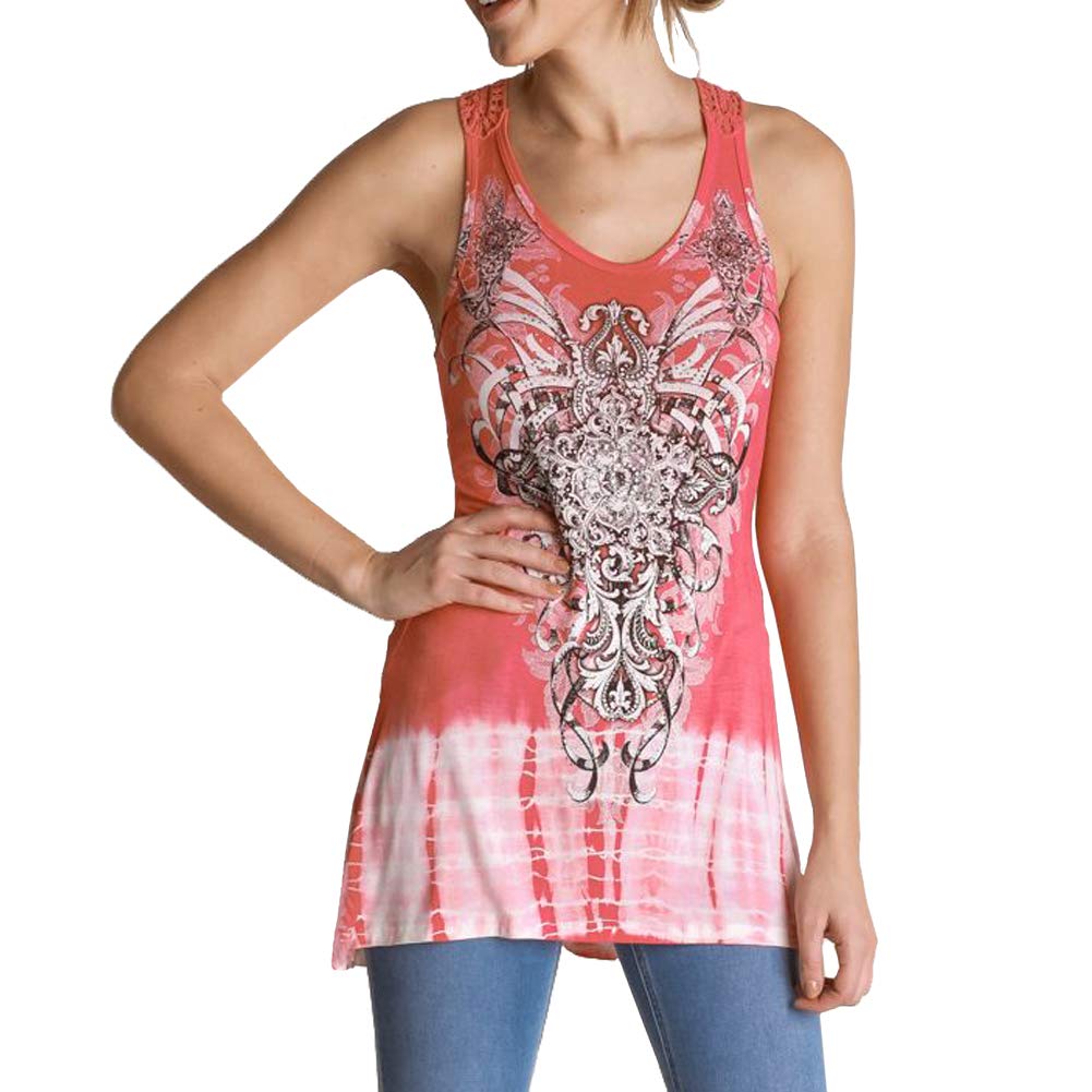 Vocal Apparel Rhinestone Cross Coral Tunic Tank Top - Women's Beach Cover Up for Summer Vacation, Pool Party & Resort Wear
