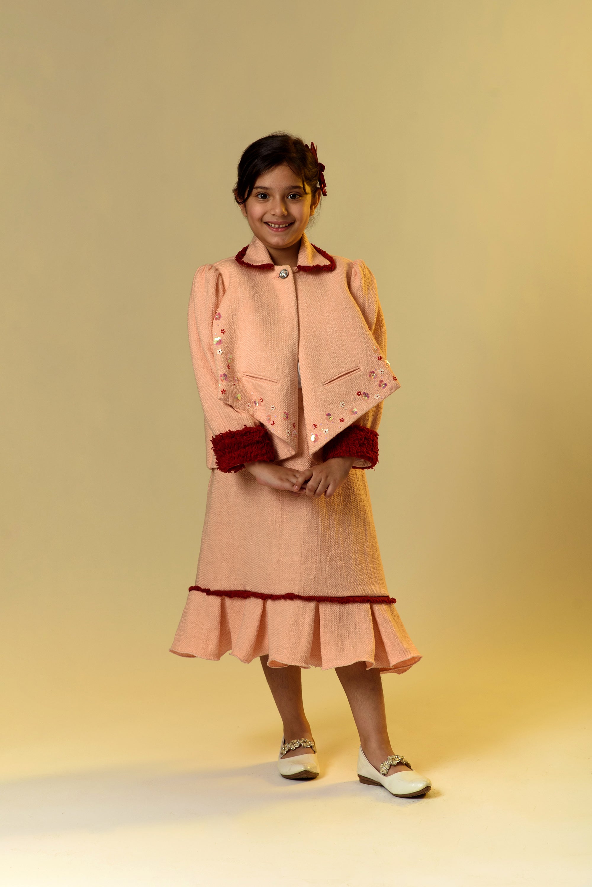 Rosehip Radiance Embroidered Blazer & Skirt Set for Girls | Elegant 2-Piece Outfit for School, Parties & Special Occasions