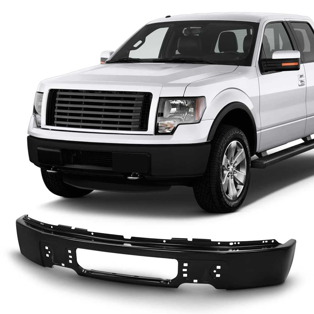 ACANII Black Powder Coated Steel Front Bumper for 2009-2014 Ford F150 Pickup Truck (No Fog Light Holes) - Heavy Duty Replacement Bumper for Off-Road & Daily Driving