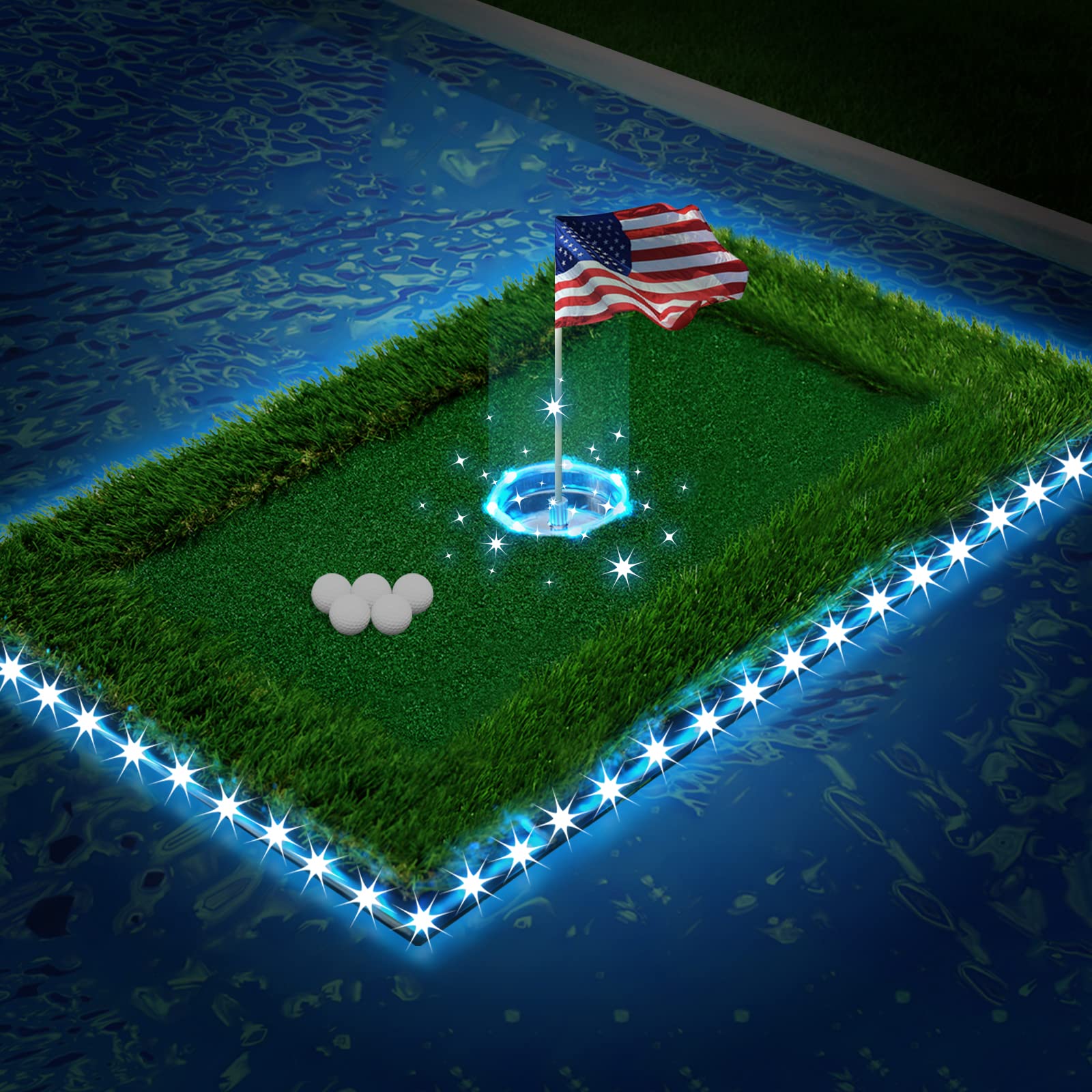 LED Floating Golf Green for Pool - 16 Color Remote Control Chipping Mat with Ring & Edge Lights - Perfect for Nighttime Backyard Swimming Pool Games & Outdoor Entertainment