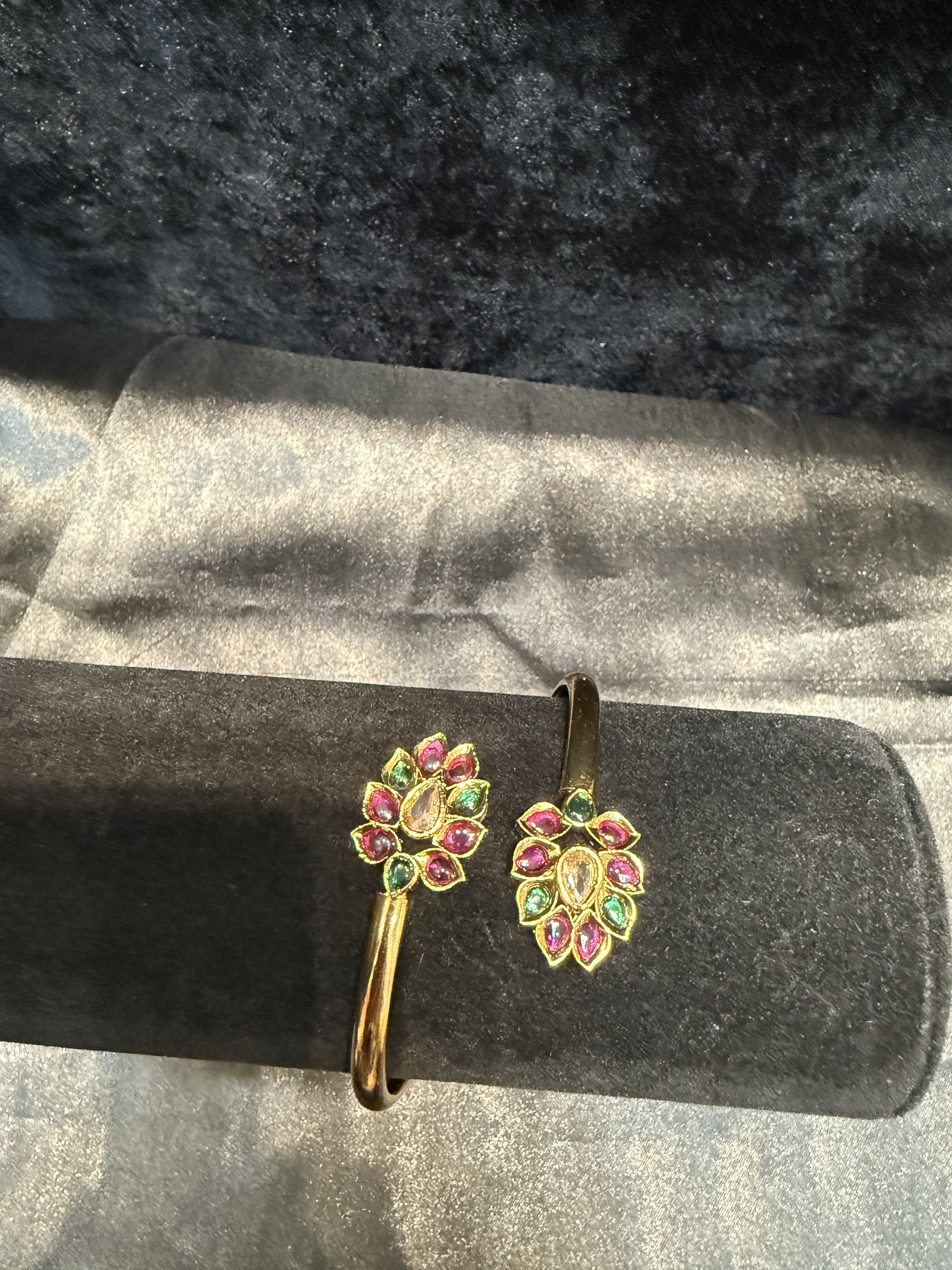 Elegant Gold Plated Bracelet with Pink & Green Stones and Floral Design - Perfect for Parties, Weddings & Special Occasions