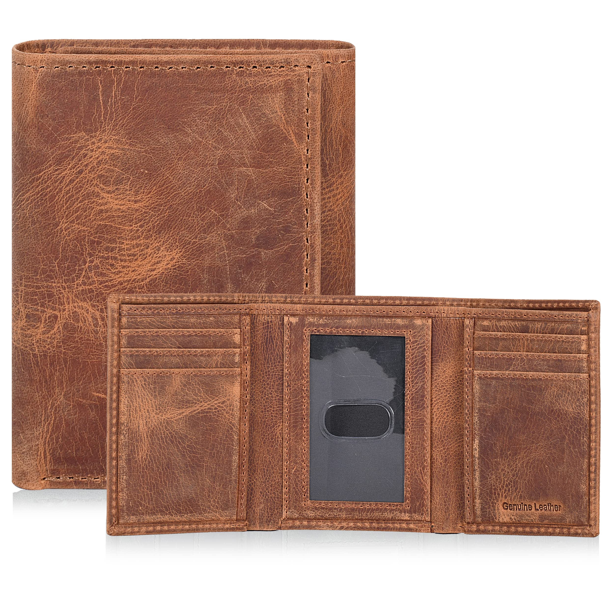 Premium RFID Blocking Tri-Fold Leather Wallet for Men - Slim & Minimalist Design with 1 ID & 6 Card Slots - Ideal for Front Pocket Carry, Travel & Everyday Use