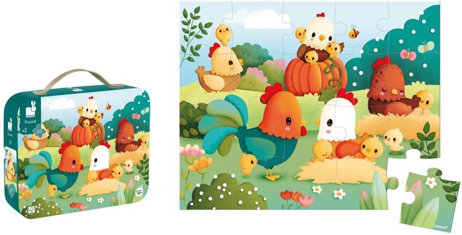 Janod Welcome to the Farmyard 20-Piece Wooden Puzzle for Kids | Educational Farm Animal Toy for Toddlers Ages 3-5 | Perfect for Preschool Learning & Birthday Gifts