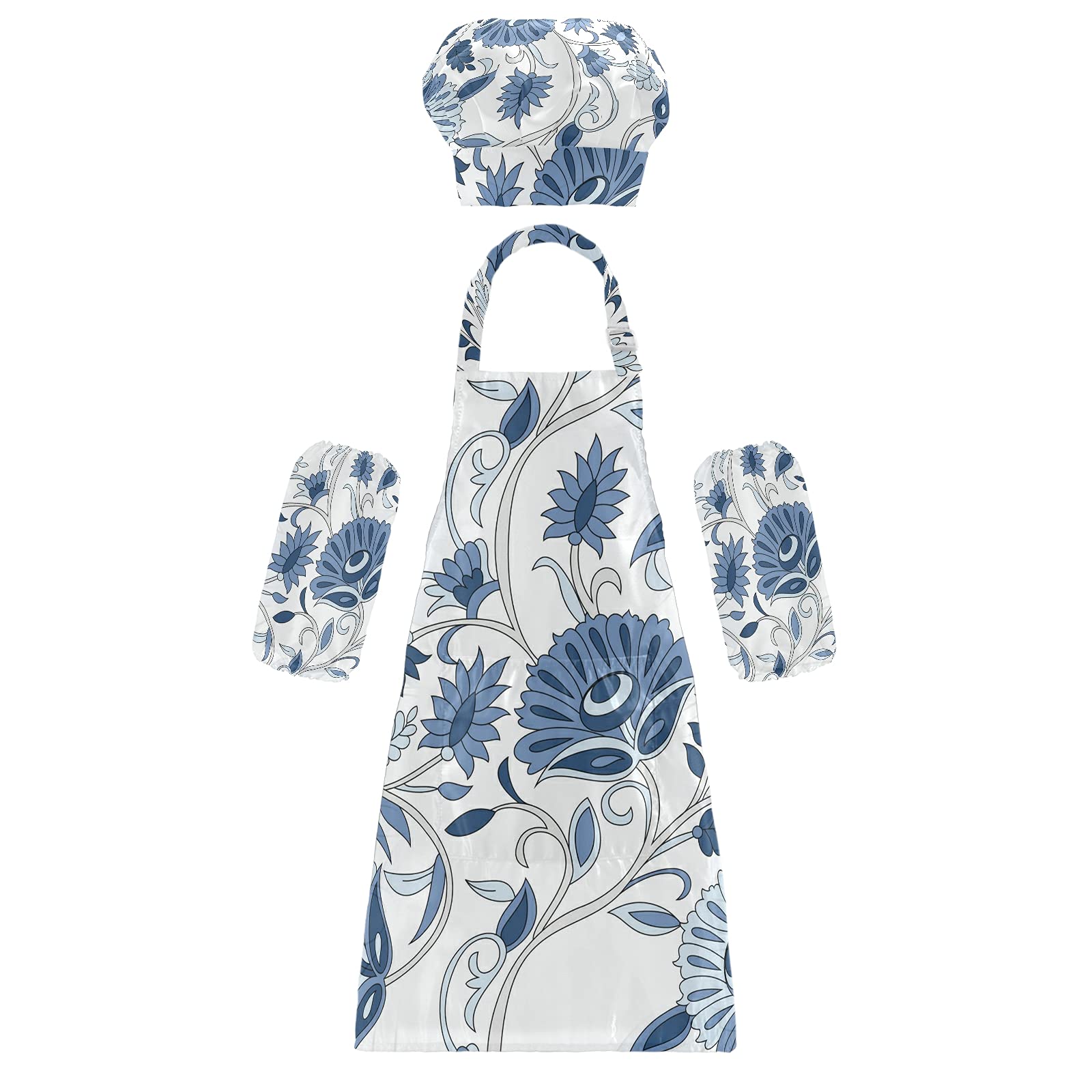 Blue Paisley Kids Apron Set with Chef Hat for Cooking & Halloween