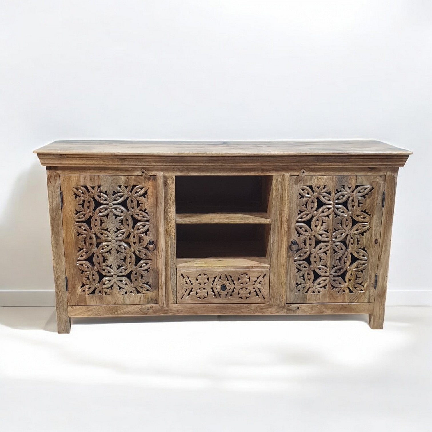 Handmade Carved Indian Mango Wood 2 Door 1 Drawer Sideboard Cabinet - Natural Finish for Dining Room, Living Room & Entryway Storage