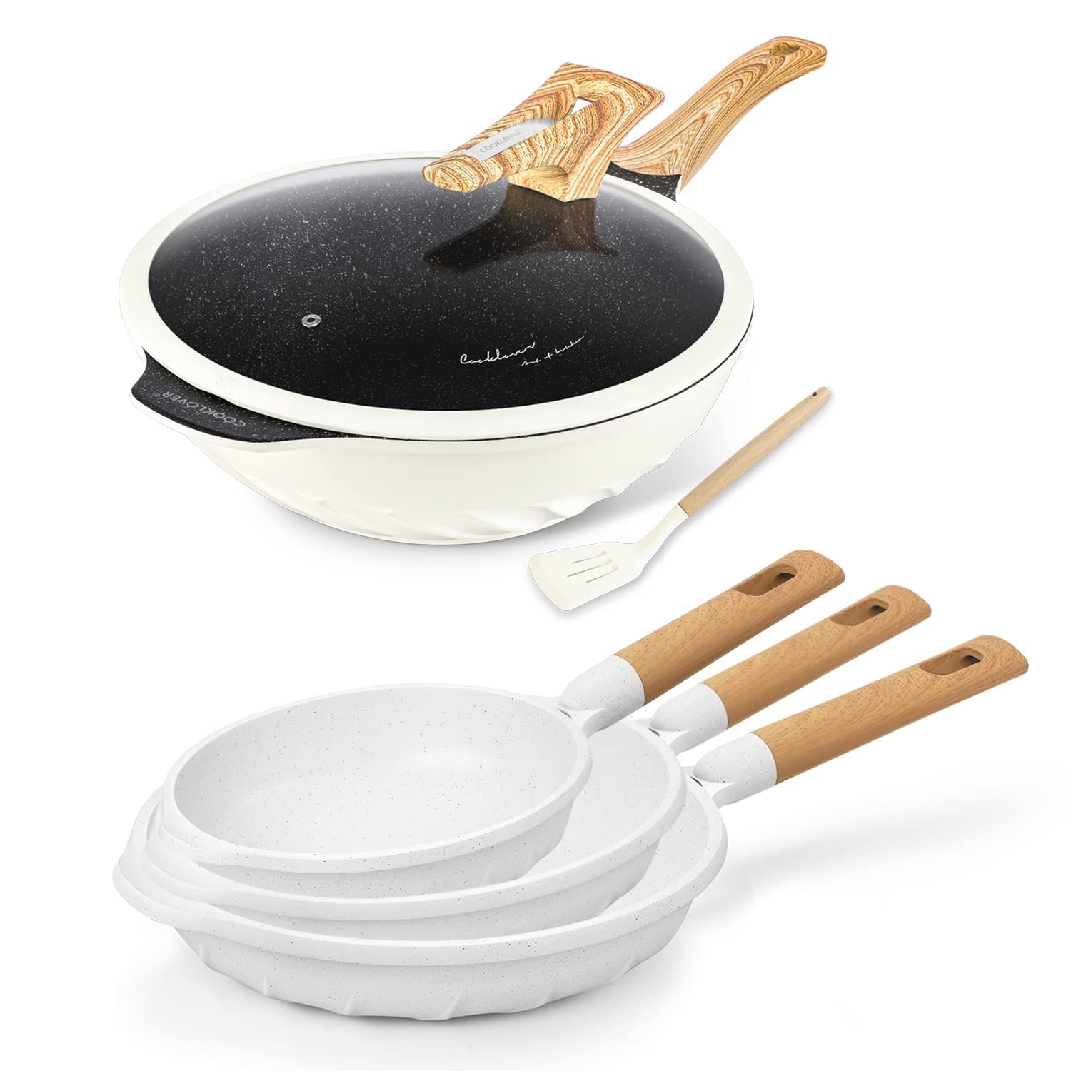 COOKLOVER Non-Stick Wok Set with Glass Lid - 12.6 inch Stir Fry Pan & 7.9/10.2/11 inch Induction Frying Pans - White Ceramic Cookware for Asian Cooking, Sauteing, Stir-Frying & Healthy Meals