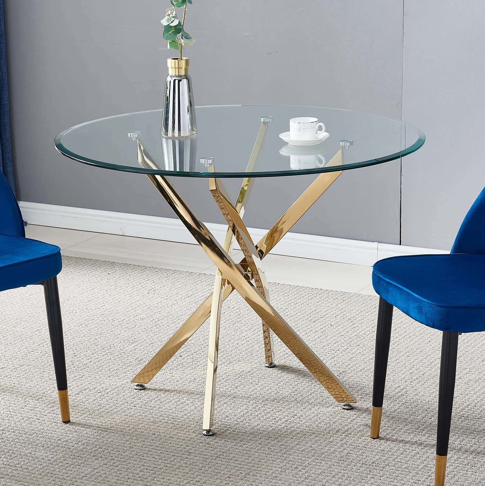 Modern Round Glass Dining Table with Tempered Glass Top & Stainless Steel Base - 39