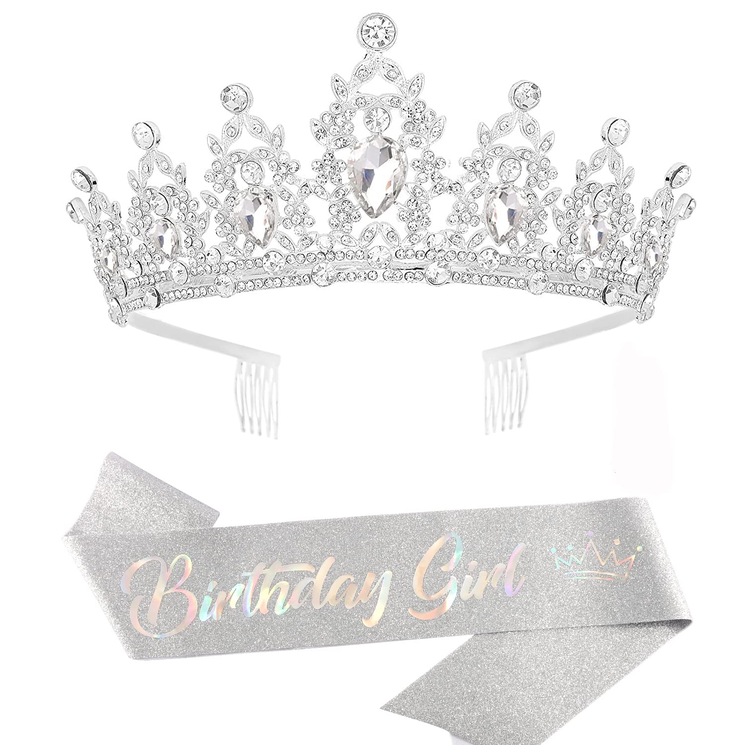 SuPoo Silver Birthday Crown & Sash Set for Women - Crystal Rhinestone Tiara with Comb, Girls Party Hair Accessories | Perfect for Birthday Parties, Pageants, Bridal Showers & Special Occasions