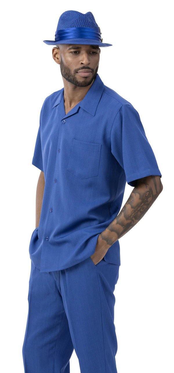 Montique Men's 2-Piece Short Sleeve Walking Suit - Solid Royal Blue Casual Outfit for Summer, Gym, Travel & Outdoor Activities