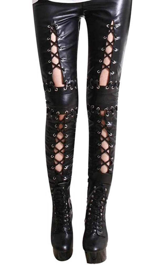Hzikk Women's Gothic Punk Rock Leather Pants - Skinny Lace-Up Pencil Leggings in Black | Perfect for Concerts, Nightclubs & Alternative Fashion Outfits