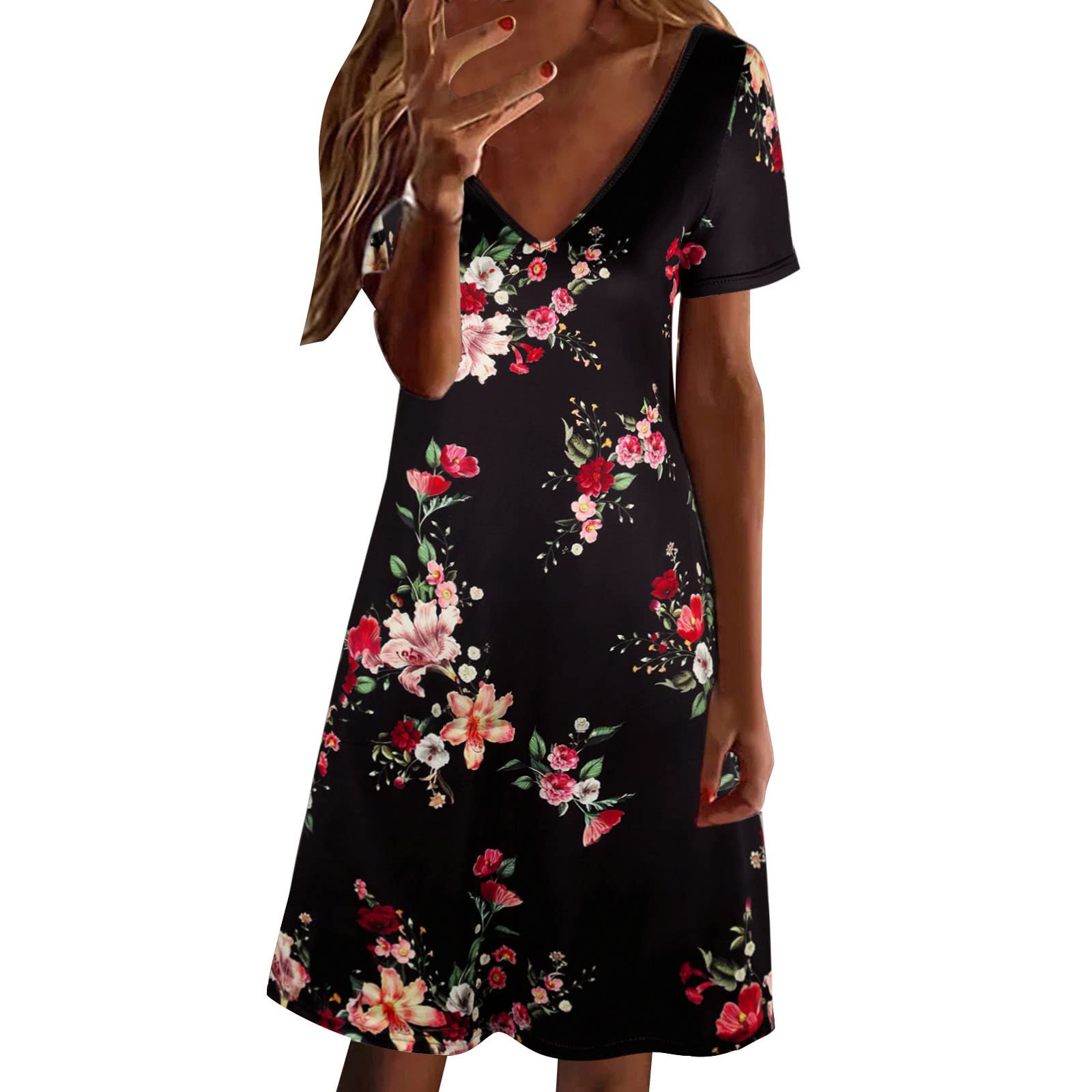 Floral Summer Dresses for Women - V Neck Short Sleeve Casual Printed Dress | Perfect for Beach Vacations, Garden Parties & Date Nights