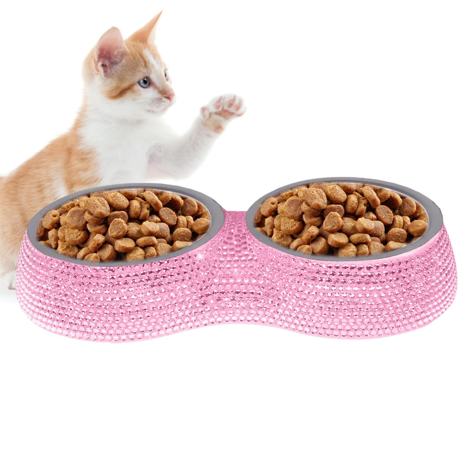 Sparkling Rhinestone Pet Bowls - Stainless Steel Double Food & Water Feeder for Cats & Dogs - Durable Puppy Supplies for Home, Travel & Outdoor Use