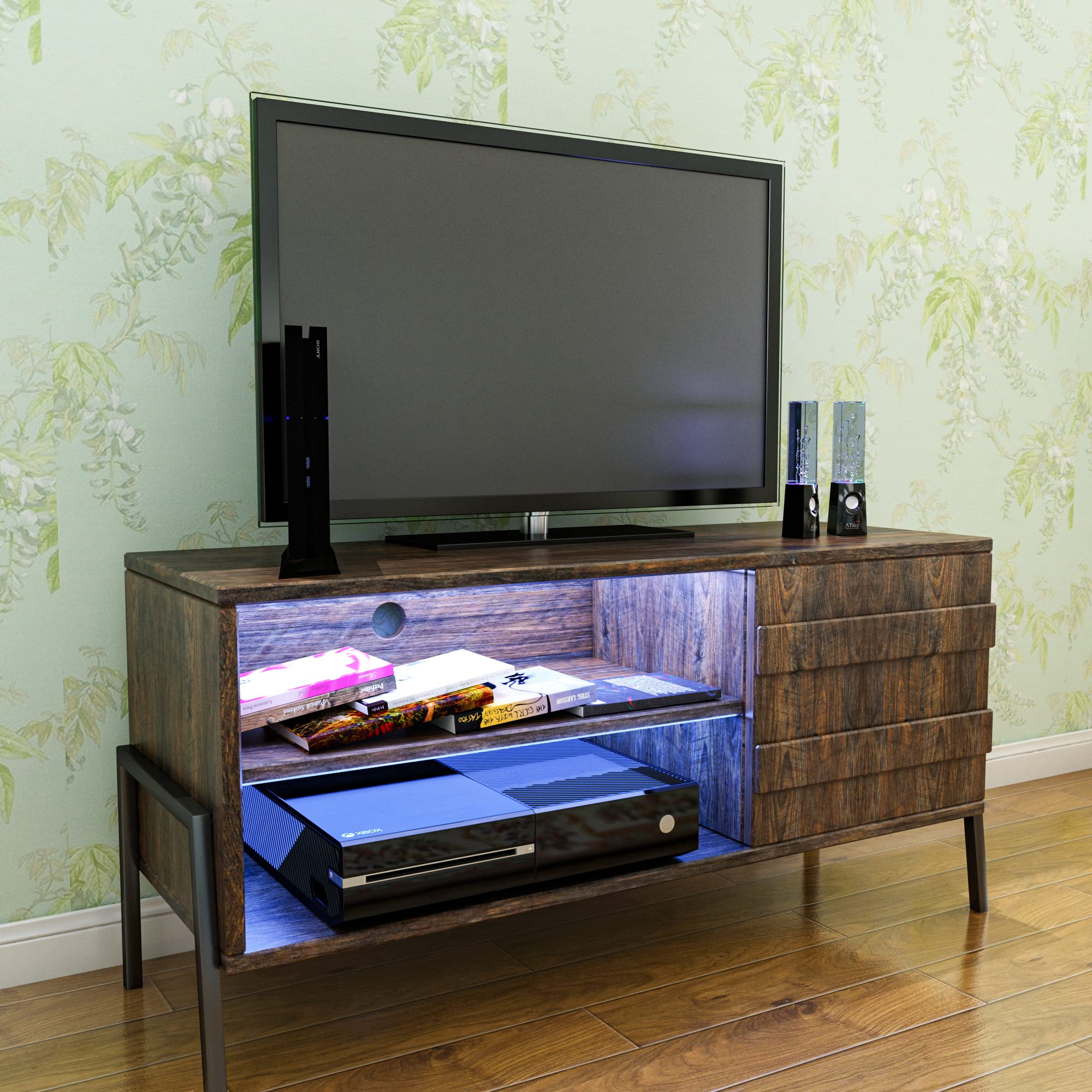 Modern Mid Century TV Stand for 55 Inch LED TV - Espresso Entertainment Center with Drawer & 2 Open Shelves - Perfect for Living Room, Bedroom & Home Theater Setup