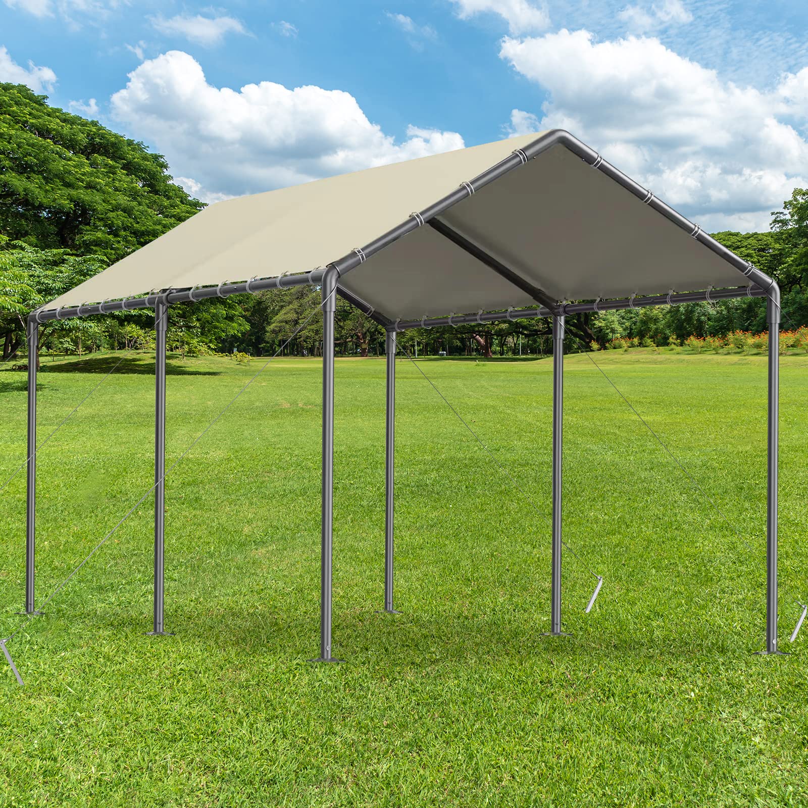 10x20Ft Heavy Duty Portable Carport - Outdoor Garage Storage Shed & Party Tent for Cars, Vehicles, and Events | Weather-Resistant Beige Shelter for Backyard, Driveway, and Outdoor Gatherings