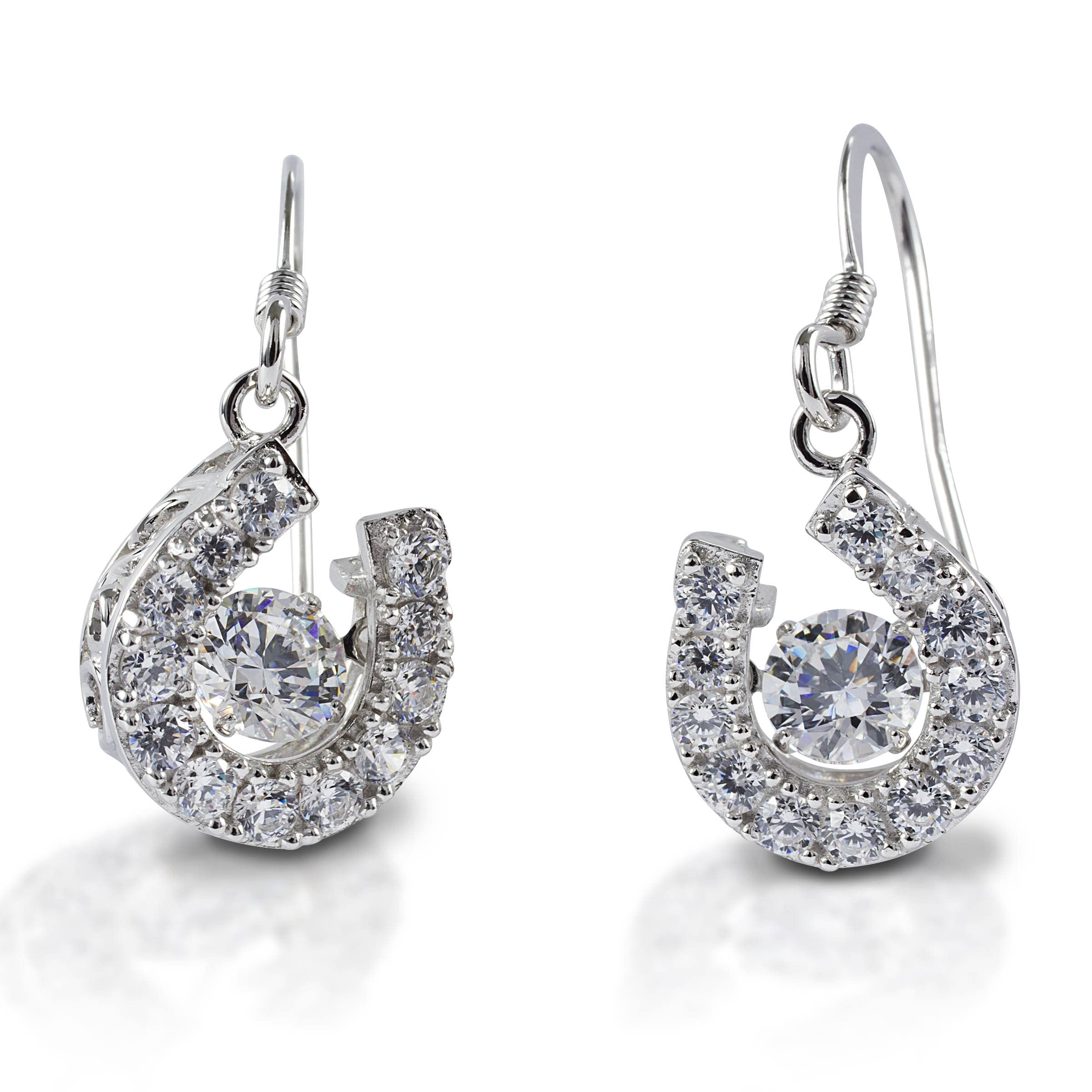 Sterling Silver Horseshoe Dangle Earrings with Clear CZ Stones | Western Jewelry for Women | Cowgirl Earrings | Perfect for Country Music Festivals & Rodeo Events