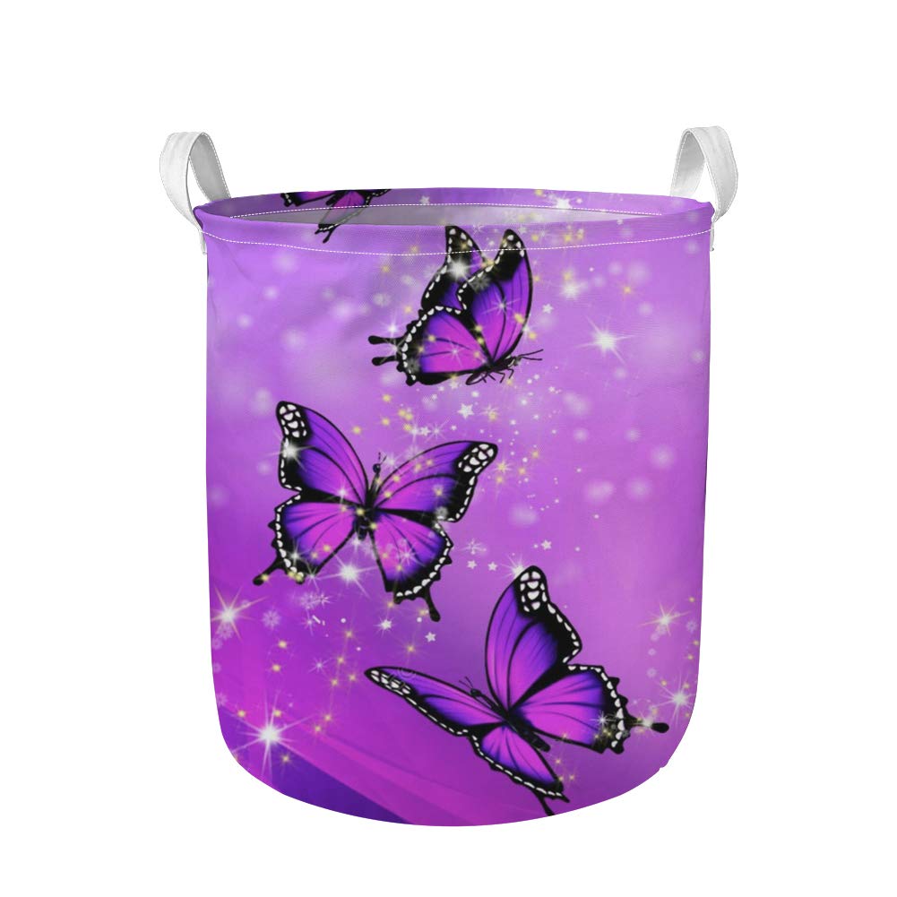 Waterproof Laundry Basket with Durable Handles - Foldable Clothes Hamper Organizer for Bathroom, Bedroom & Closet - Perfect for Kids Clothes, Dog Toys & Clothing Storage - Purple Bling Butterfly Design (Great for Small Spaces & College Dorms)