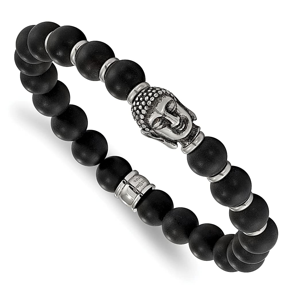 ICE CARATS Vintage Buddha Beaded Stretch Bracelet - 8mm Black Agate & Natural Stone Adjustable Wrap Bracelet for Men, Religious Fashion Jewelry - Perfect Gift for Dad, Him, Meditation & Spiritual Wear
