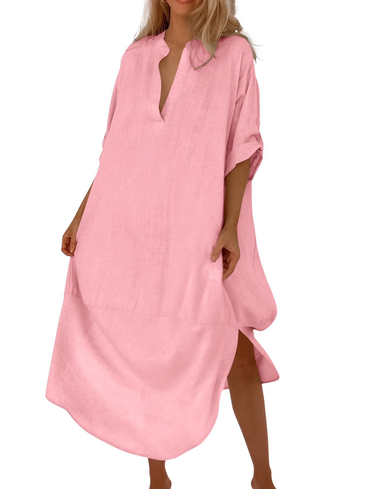 Women's Linen Maxi Dress - Casual V-Neck 3/4 Sleeve Summer Beach Cover Up Dress | Perfect for Beach Vacations, Poolside Lounging & Summer Outings