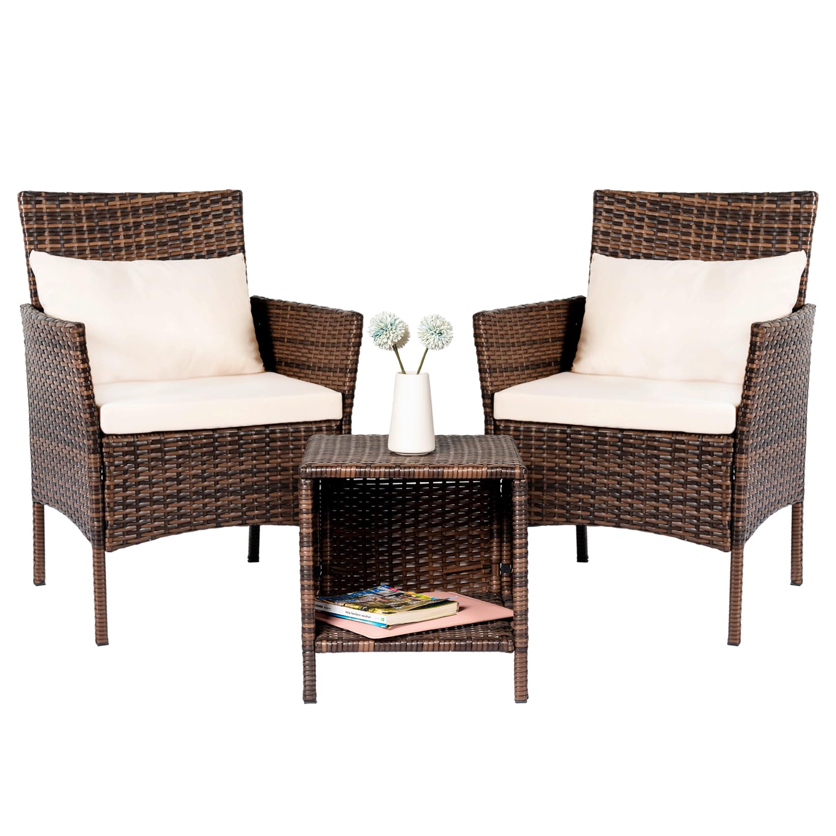 3-Piece Patio Conversation Bistro Set - Outdoor Wicker Chairs & Storable Table - Brown/Beige Balcony Furniture for Porch, Yard, Backyard & Apartment - Perfect for Relaxing, Entertaining & Small Space Living