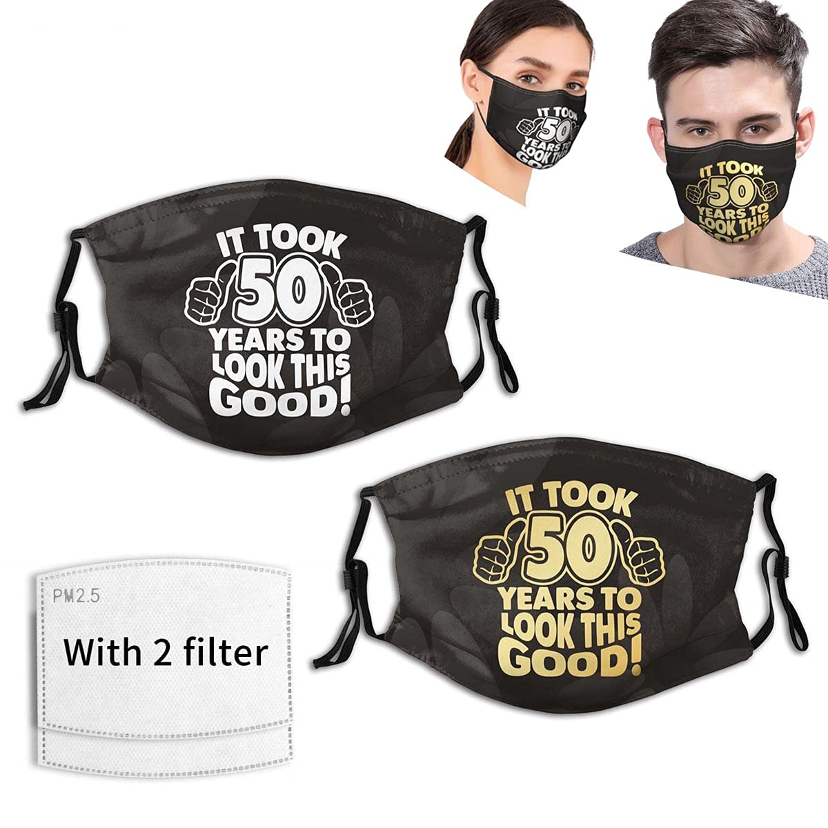 2 Pack Vintage 50th Birthday Gift Washable Reusable Face Masks - Adjustable Breathable Cloth Face Coverings for Women & Men - Perfect for Birthday Parties, Anniversaries and Special Celebrations