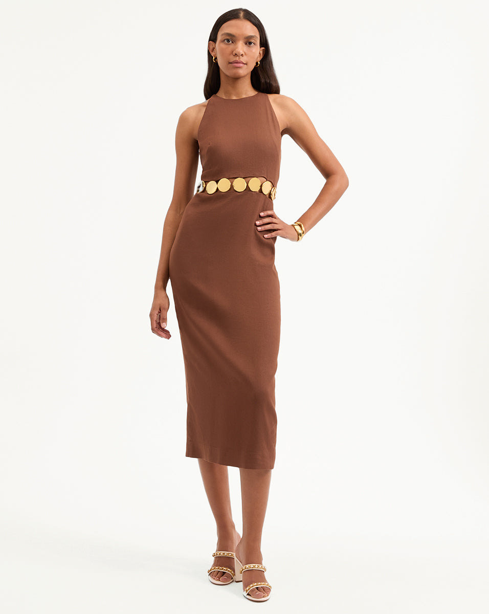 Isla Gold Medallion Midi Dress - Women's Floral Print Summer Dress for Beach Vacation & Date Night | Elegant A-Line Party Dress with V-Neck & Short Sleeves