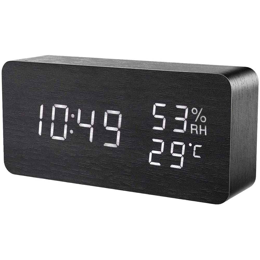 YPFSoft Wooden Digital Alarm Clock with LED Display - 3 Separate Alarms, Temperature, Humidity & Date - Multi-Functional Bedroom & Office Alarm Clock for Home, Travel, and Gift Giving
