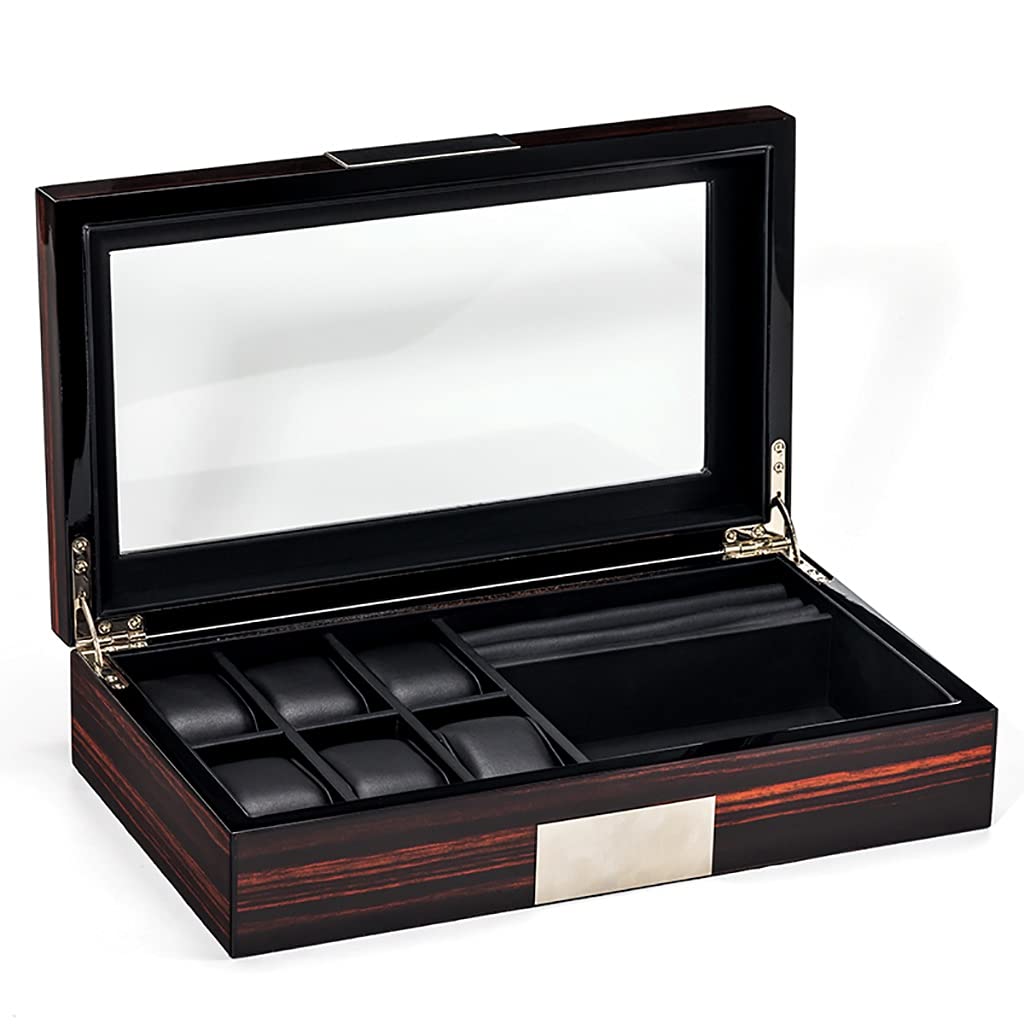 Premium Wooden Watch & Sunglasses Jewelry Storage Box for Men - Holds 6 Watches, 12 Cufflinks, 2 Sunglasses with Display Tray - Luxury Organizer for Travel, Home & Office