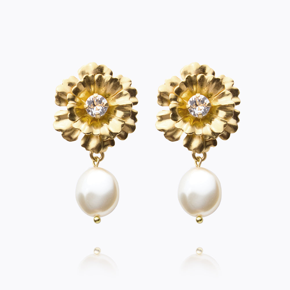 Blossom Pearl Earrings with Crystal Accents - Elegant Floral Pearl Stud Earrings for Women | Perfect for Weddings, Parties & Special Occasions