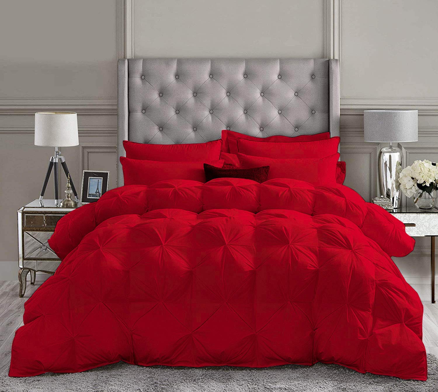 Premium 1000 Thread Count 100% Egyptian Cotton Pinch Pleated Comforter - Super Soft Full/Queen Size Bedding Set (Red) for Cozy Bedroom & Guest Room Decor