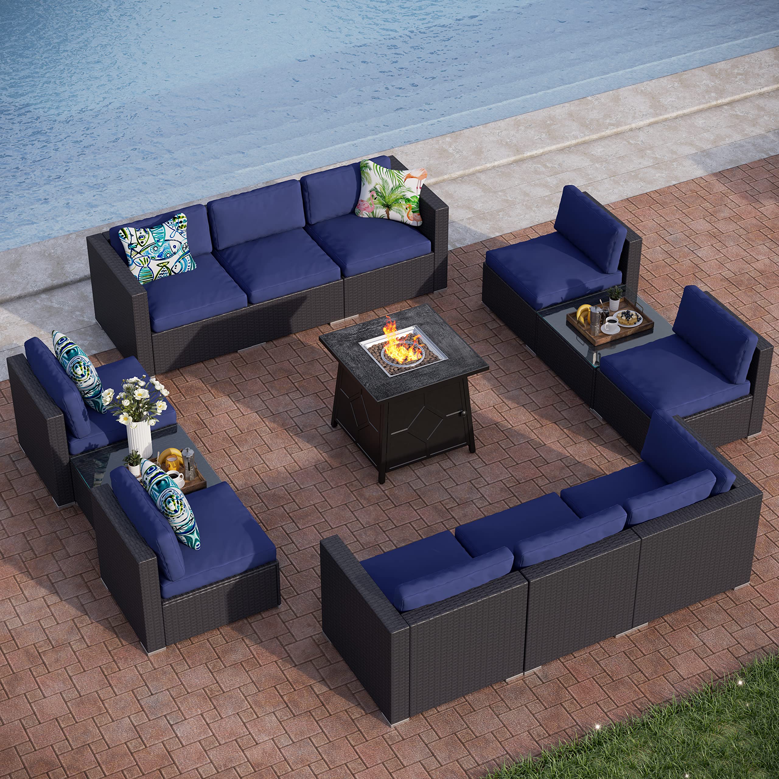 PHI VILLA 13-Piece Outdoor Patio Furniture Set with CSA Approved Gas Fire Pit - Navy Blue Wicker Sectional Sofa, Coffee Table & Stone-Like Tabletop for Backyard, Garden, Poolside or Deck Relaxation