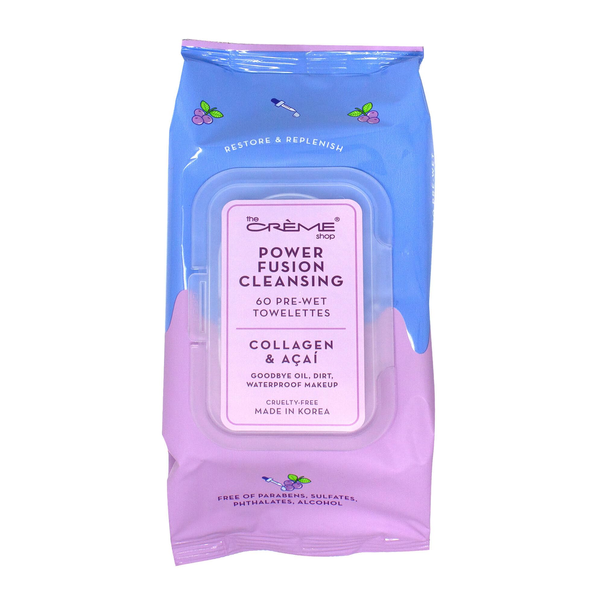 The Crème Shop Power Fusion Makeup Remover Wipes with Collagen & Acai - Gentle Cleansing Wipes for Face & Eyes | Hydrating, Pre-Moistened Makeup Remover Wipes (60 Count) | Perfect for Travel, Gym & Daily Skincare Routine