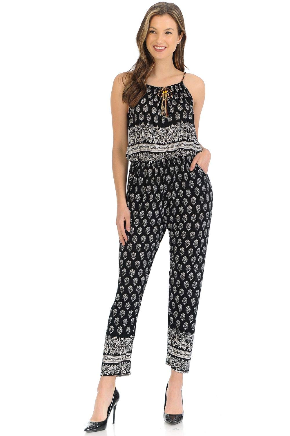 Auliné Collection Women's Sleeveless Halter Neck Boho Long Pants Romper Jumpsuit - Stylish Summer Outfit for Beach, Vacation & Casual Wear