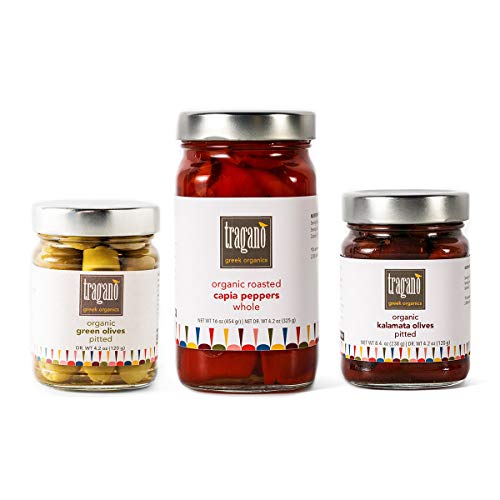 Tragano Greek Organics Premium Combo - Kalamata Olives, Green Olives & Roasted Red Peppers - Authentic Mediterranean Flavors in Glass Jar - Perfect for Charcuterie Boards, Salads & Gourmet Gifts