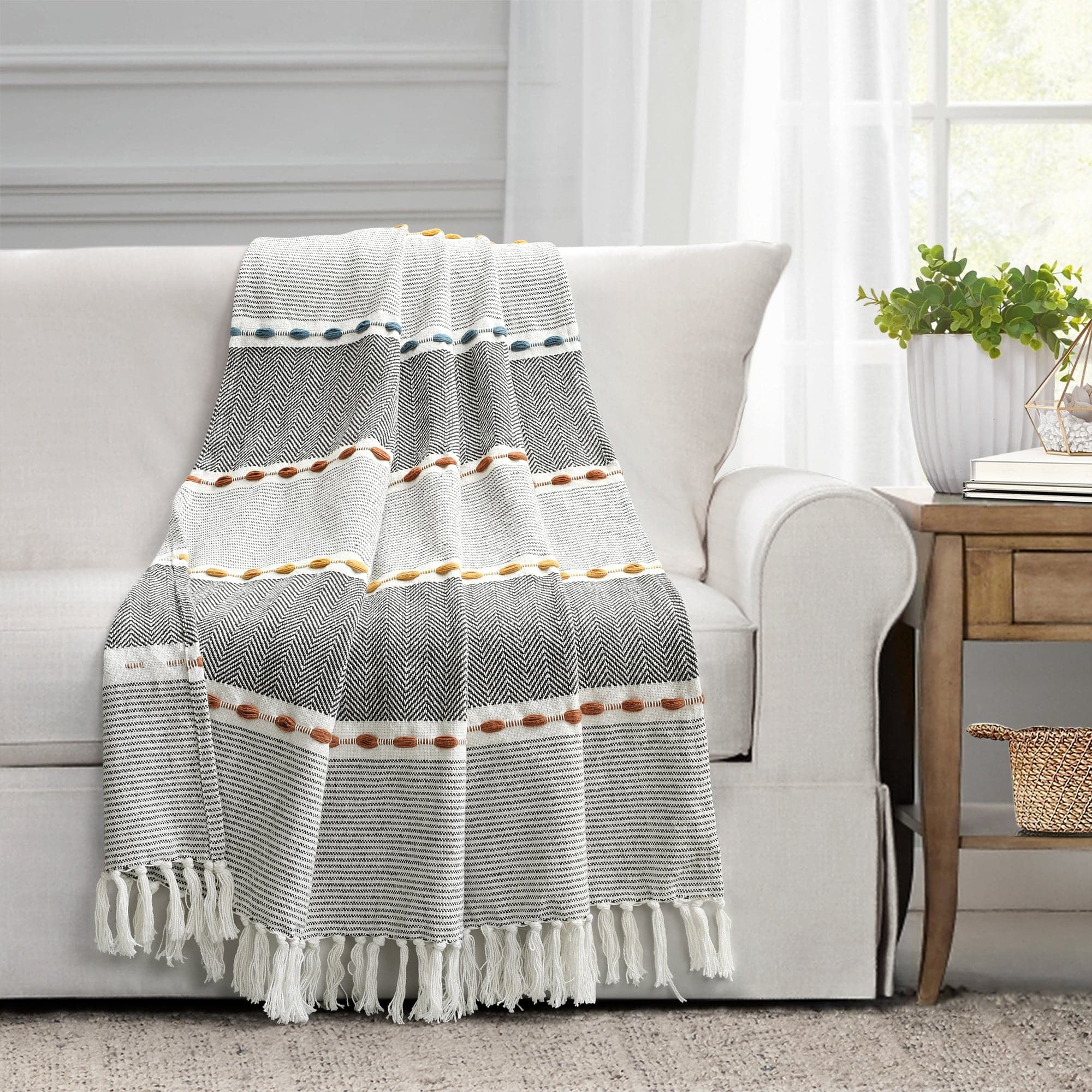 Herringbone Stripe Yarn-Dyed Cotton Woven Tassel Throw Blanket - Soft & Cozy Decorative Couch Cover for Living Room, Bed, Sofa