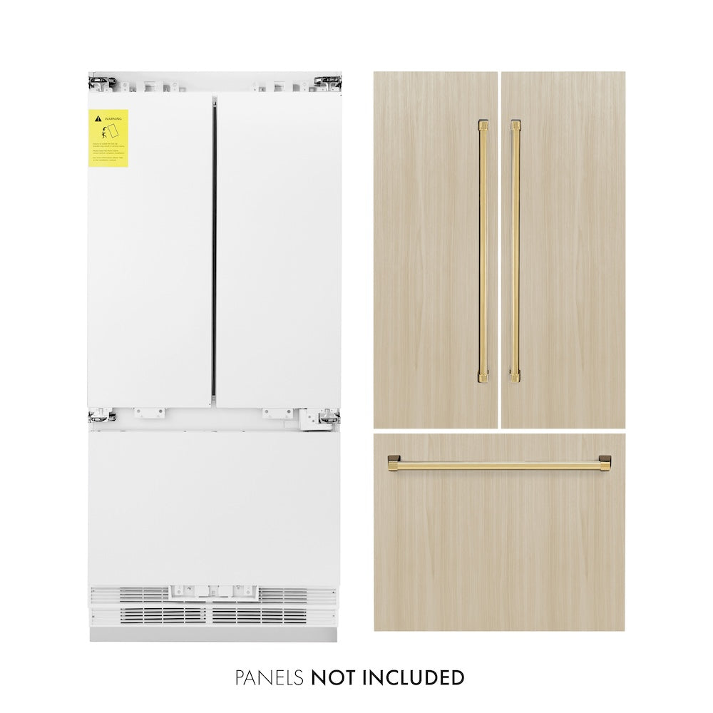 ZLINE Autograph Edition 36 Inch Panel Ready French Door Built-In Refrigerator - 19.6 cu.ft Capacity, Bottom Freezer, Water Dispenser & Ice Maker with Polished Gold Accents (RBIVZ 36 G) - Perfect for Modern Kitchens, Luxury Homes & Gourmet Cooking Spaces